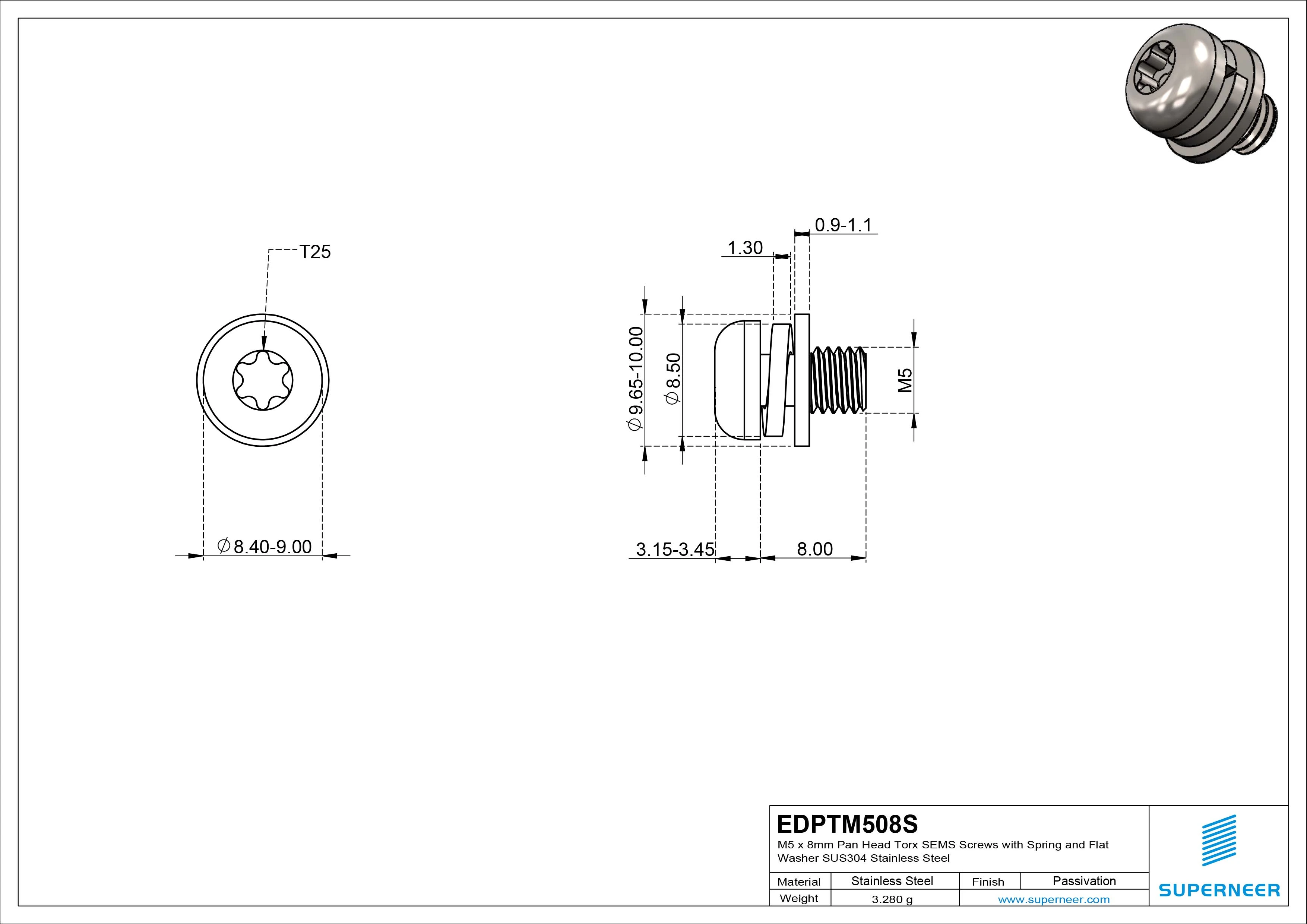 M5 x 8mm Pan Head Torx SEMS Screws with Spring and Flat Washer SUS304 Stainless Steel Inox