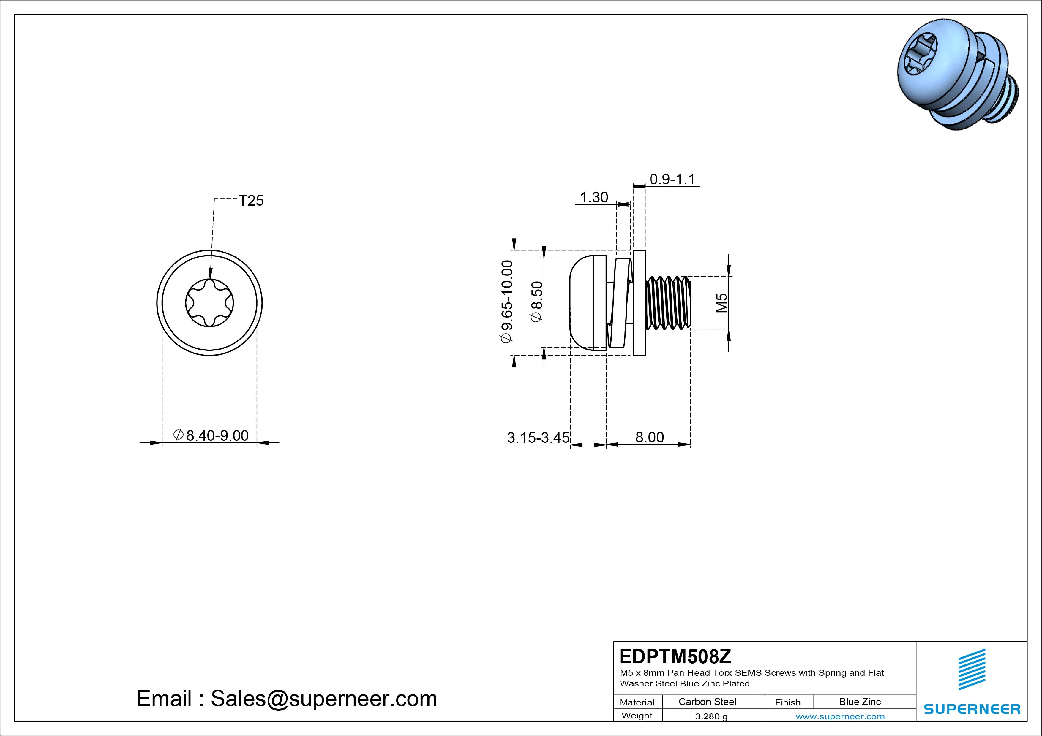 M5 x 8mm Pan Head Torx SEMS Screws with Spring and Flat Washer Steel Blue Zinc Plated
