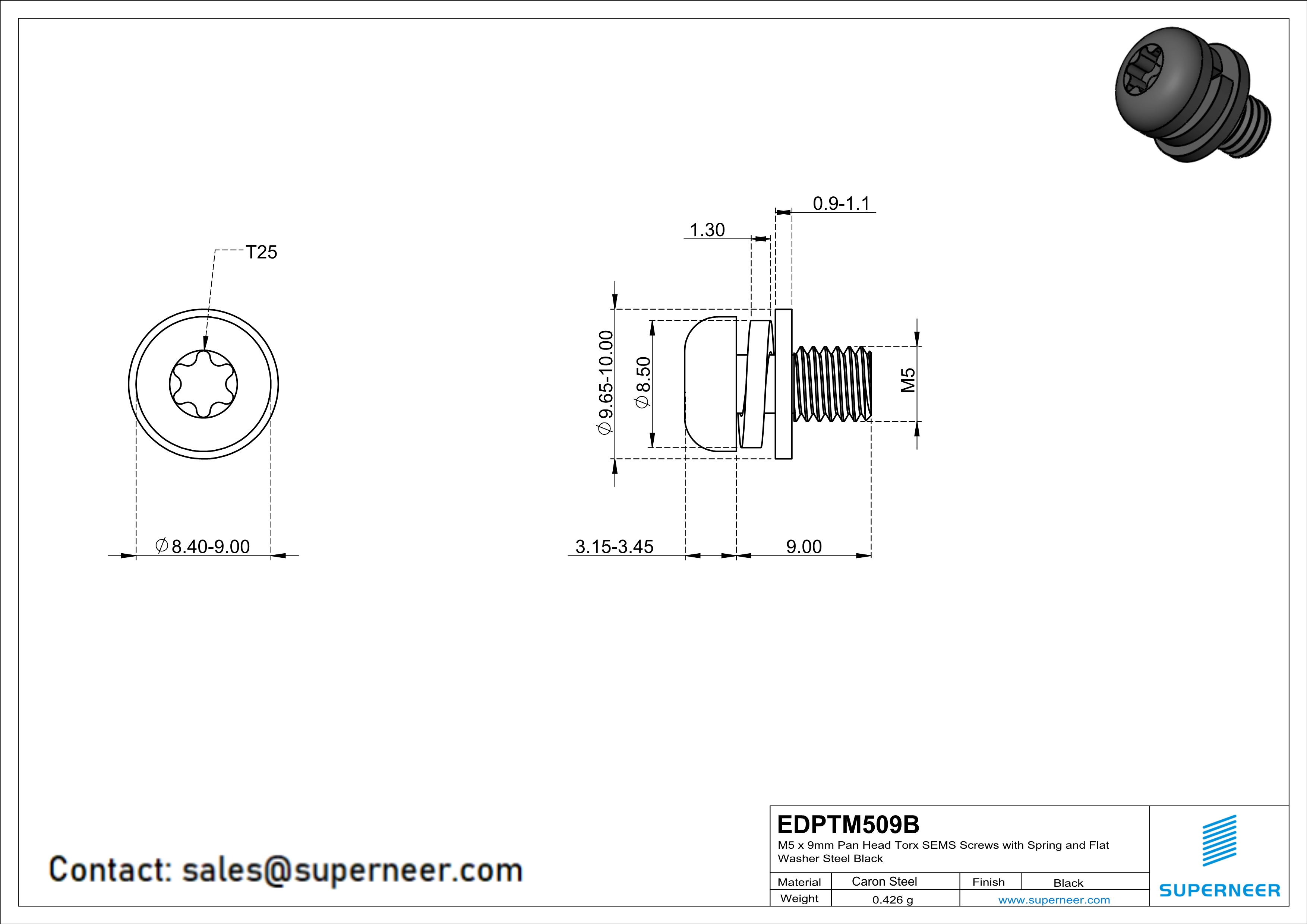 M5 x 9mm Pan Head Torx SEMS Screws with Spring and Flat Washer Steel Black