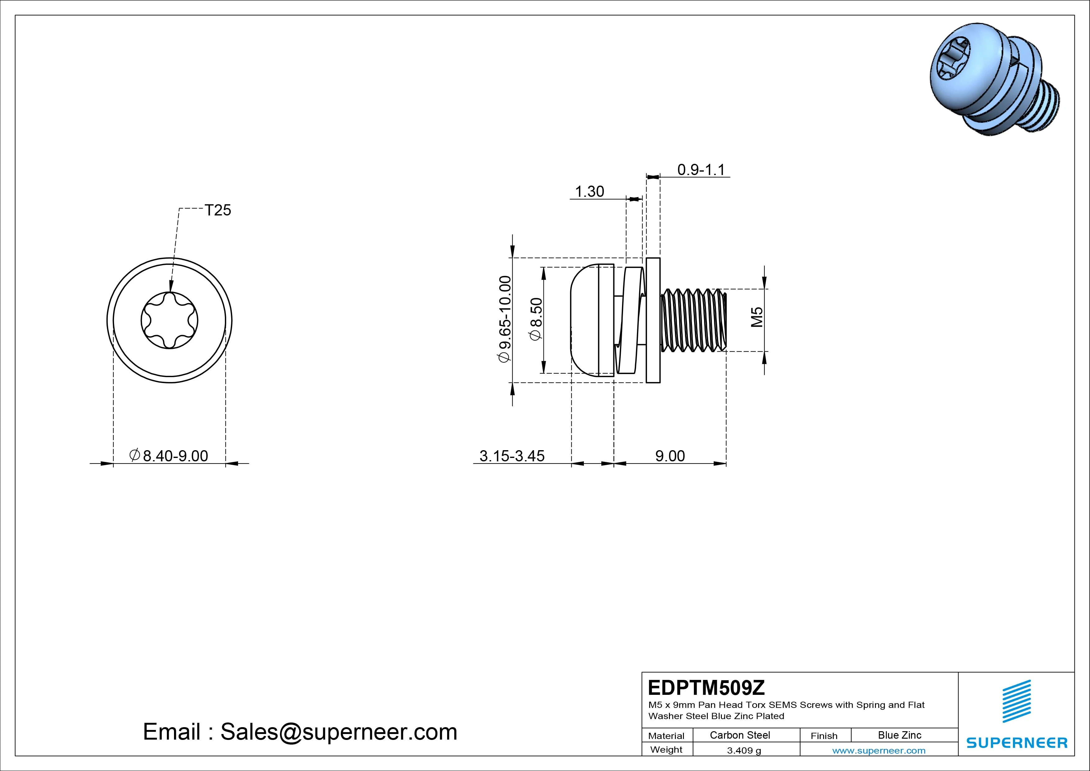 M5 x 9mm Pan Head Torx SEMS Screws with Spring and Flat Washer Steel Blue Zinc Plated