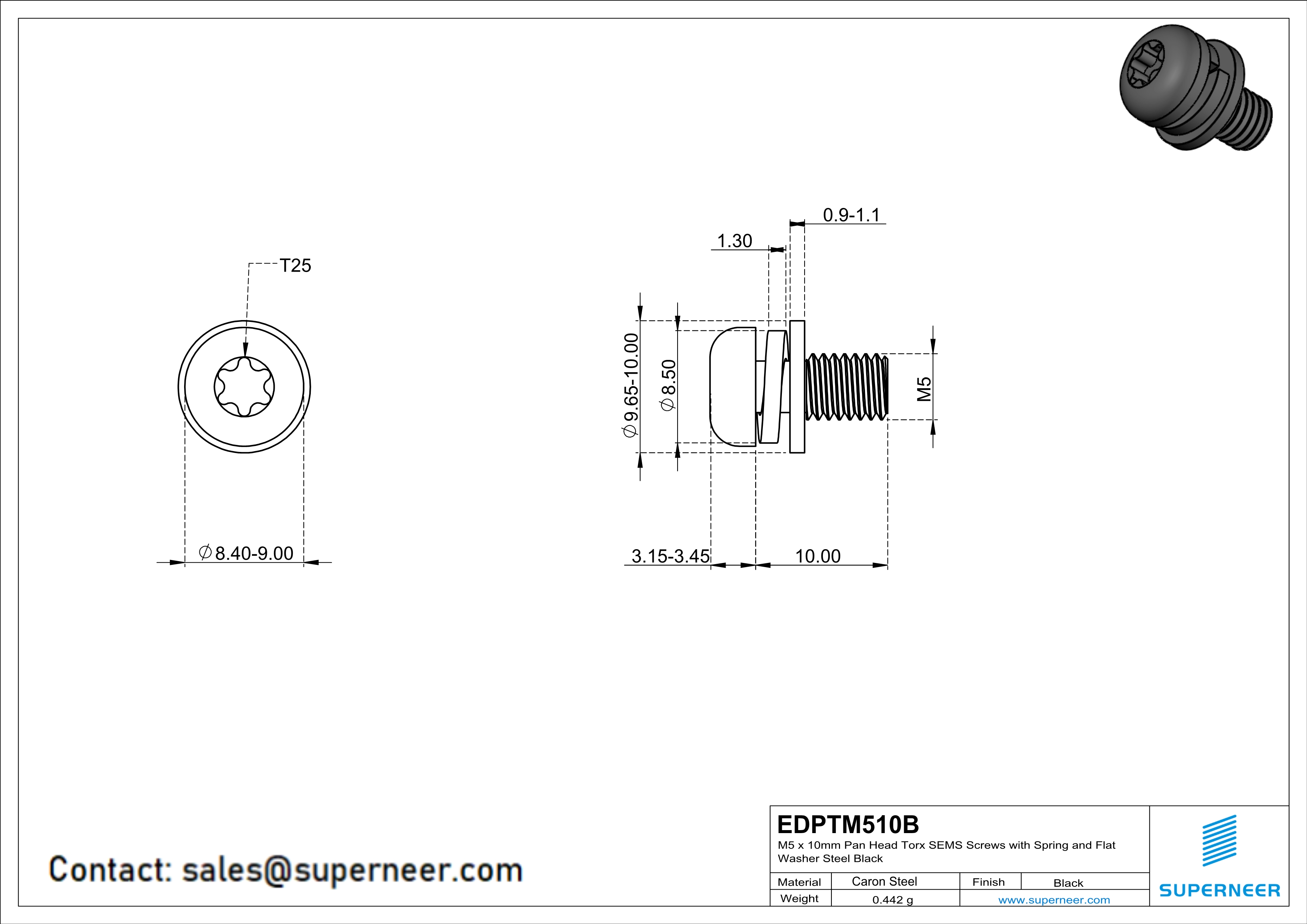 M5 x 10mm Pan Head Torx SEMS Screws with Spring and Flat Washer Steel Black