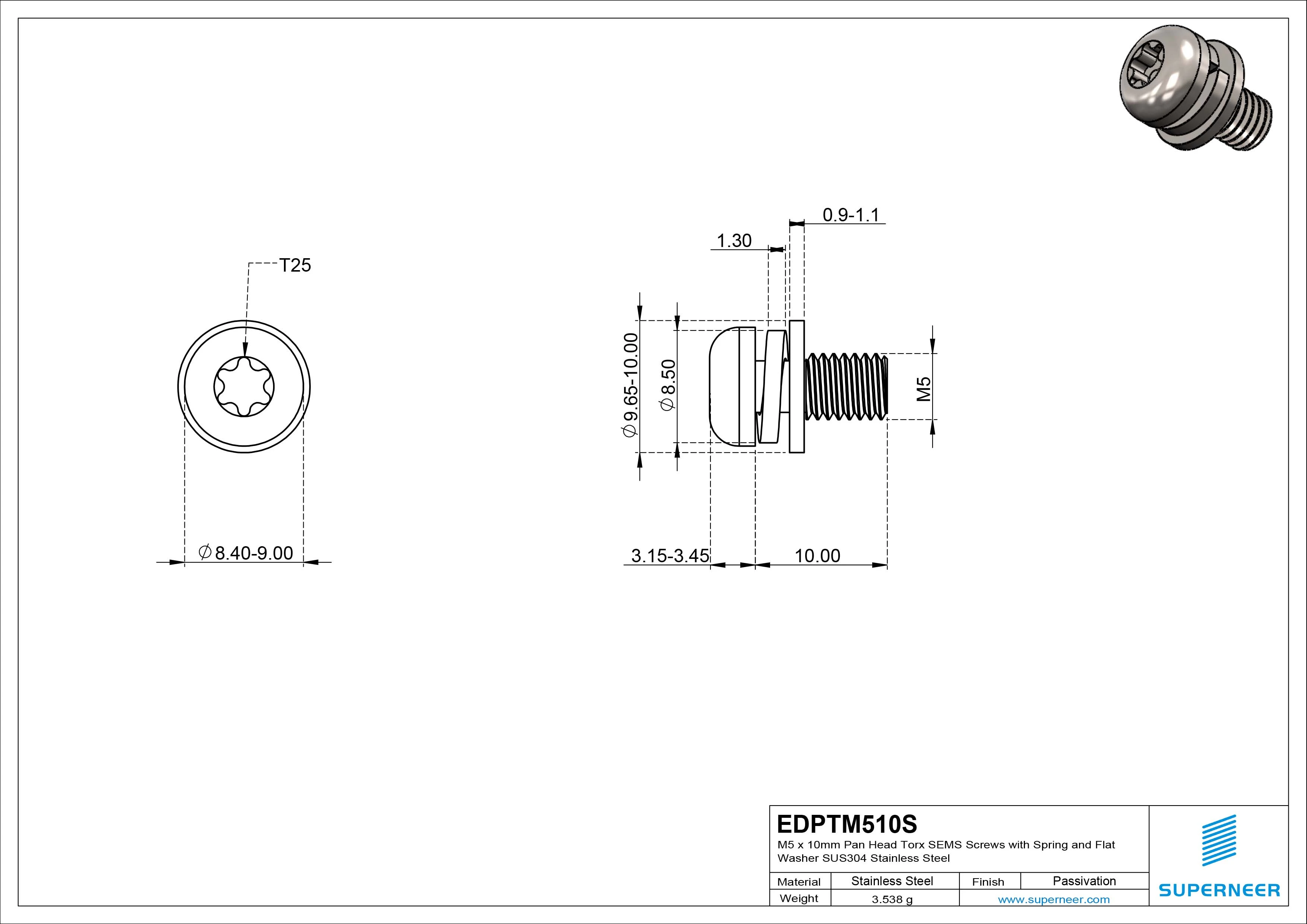 M5 x 10mm Pan Head Torx SEMS Screws with Spring and Flat Washer SUS304 Stainless Steel Inox