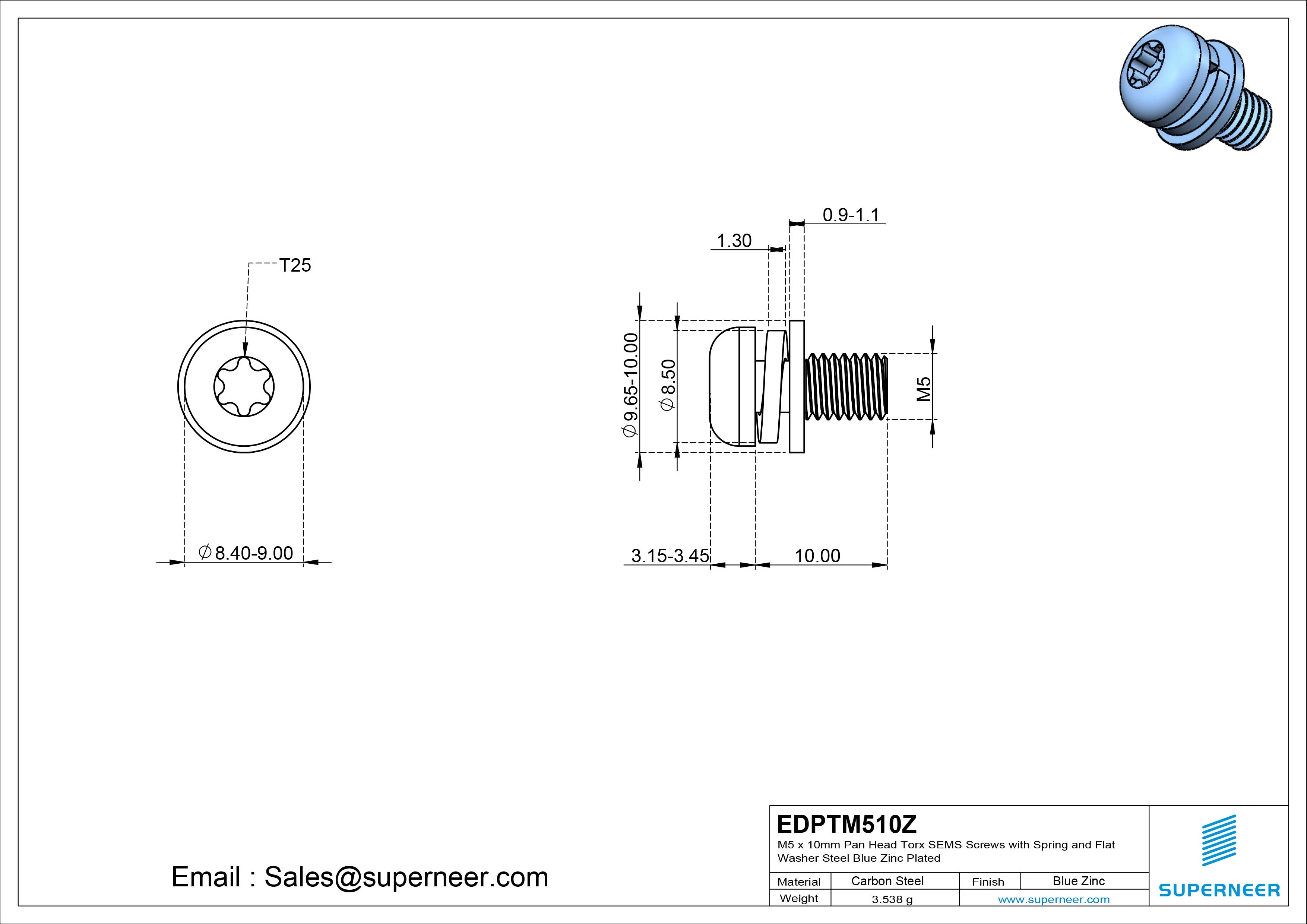 M5 x 10mm Pan Head Torx SEMS Screws with Spring and Flat Washer Steel Blue Zinc Plated