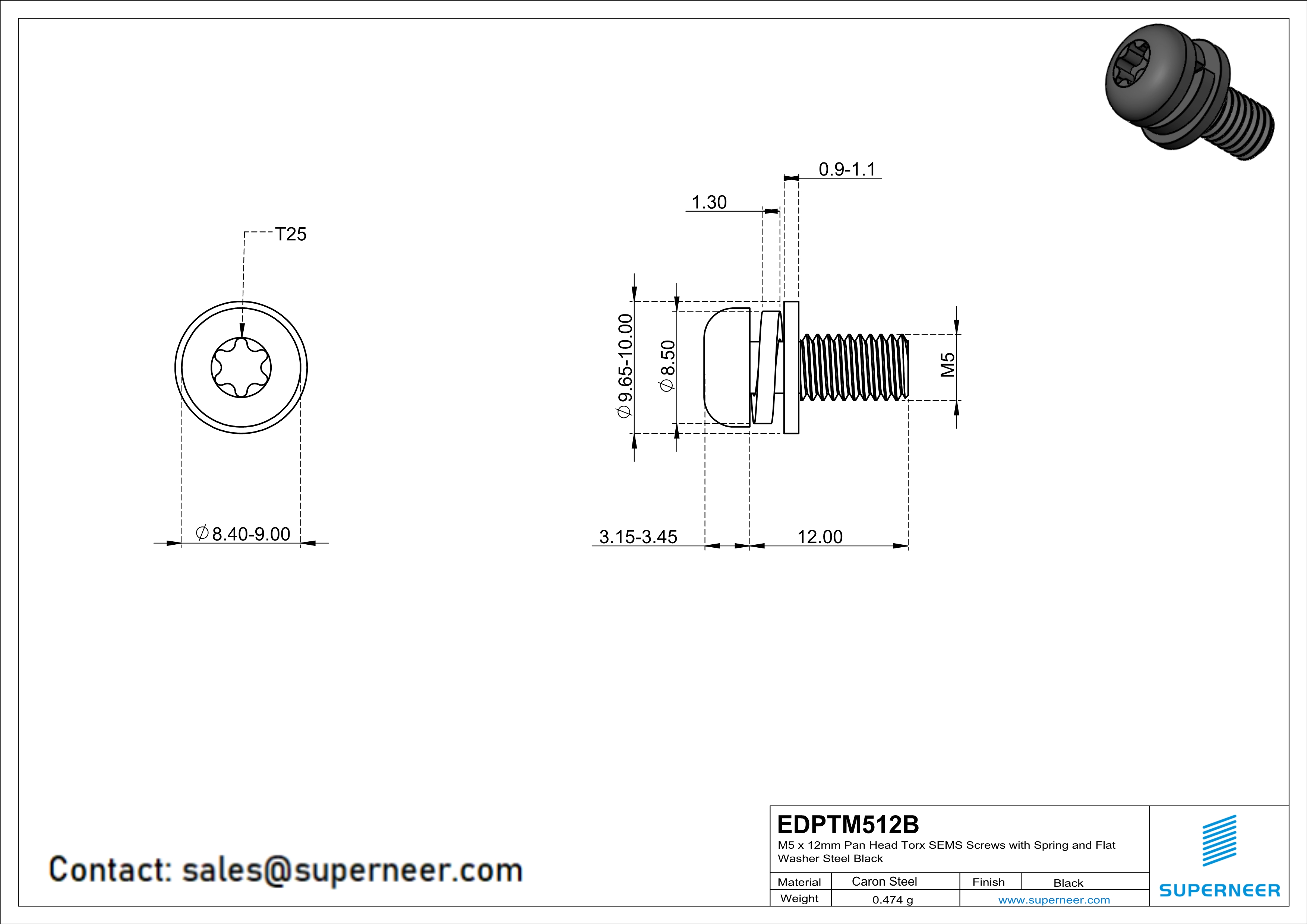 M5 x 12mm Pan Head Torx SEMS Screws with Spring and Flat Washer Steel Black