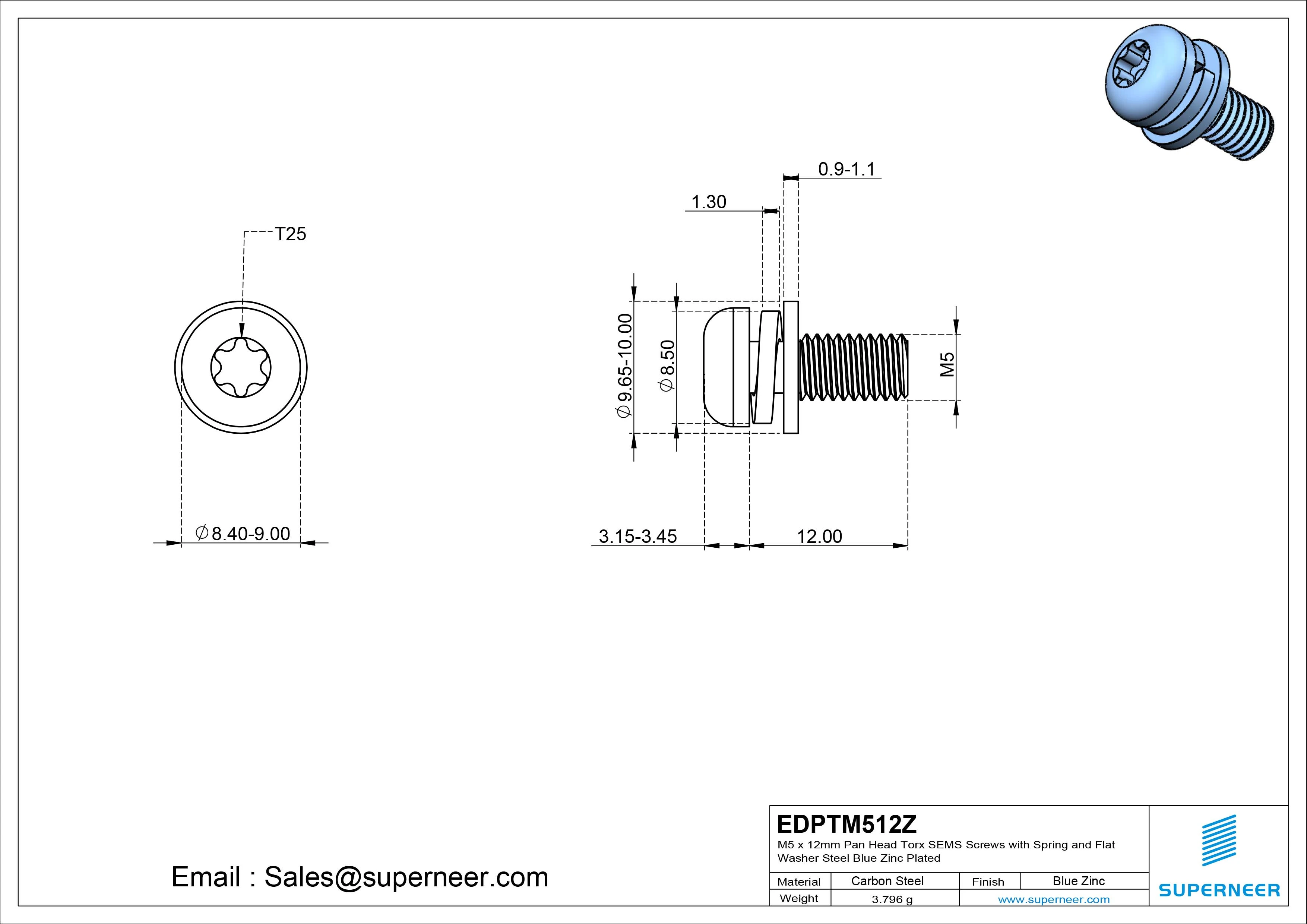 M5 x 12mm Pan Head Torx SEMS Screws with Spring and Flat Washer Steel Blue Zinc Plated