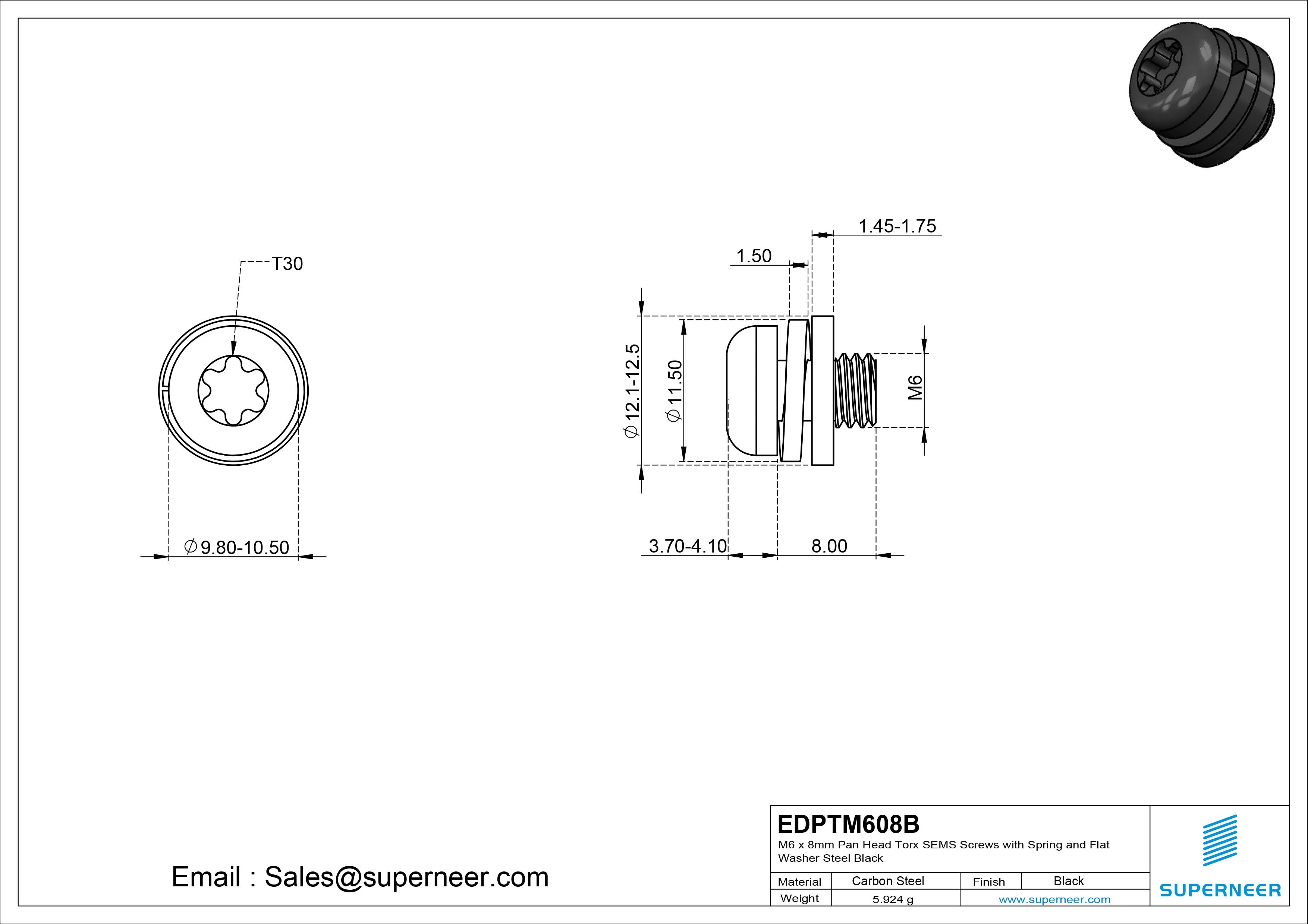 M6 x 8mm Pan Head Torx SEMS Screws with Spring and Flat Washer Steel Black