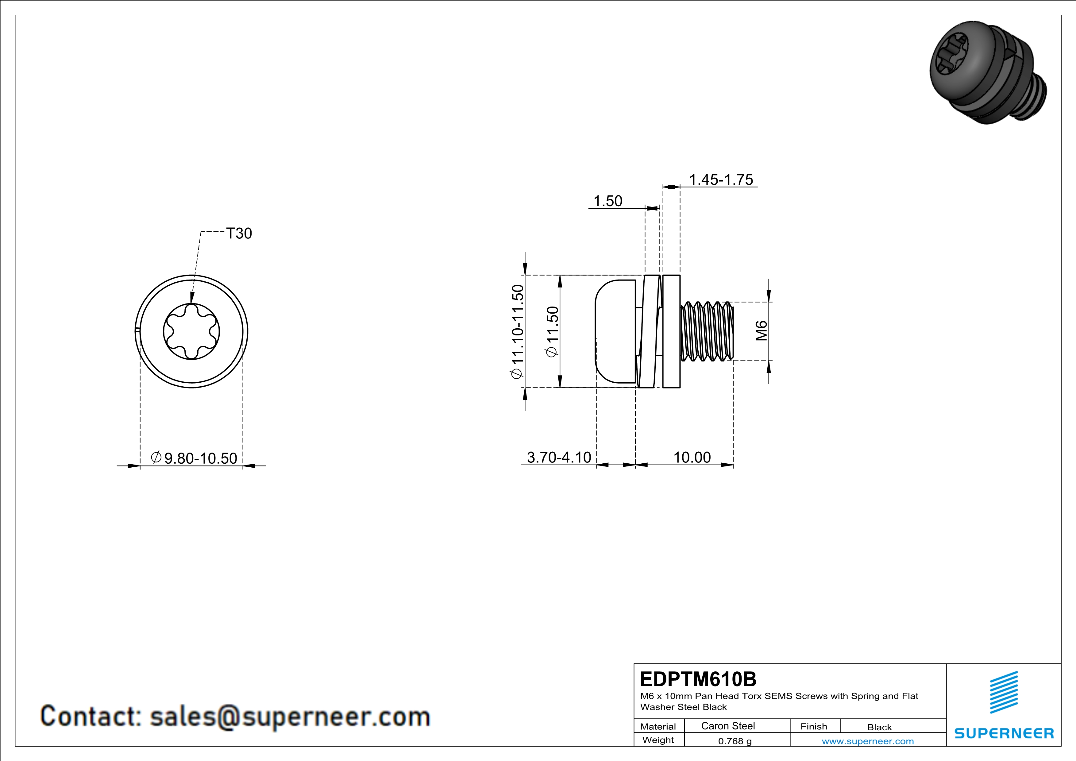 M6 x 10mm Pan Head Torx SEMS Screws with Spring and Flat Washer Steel Black