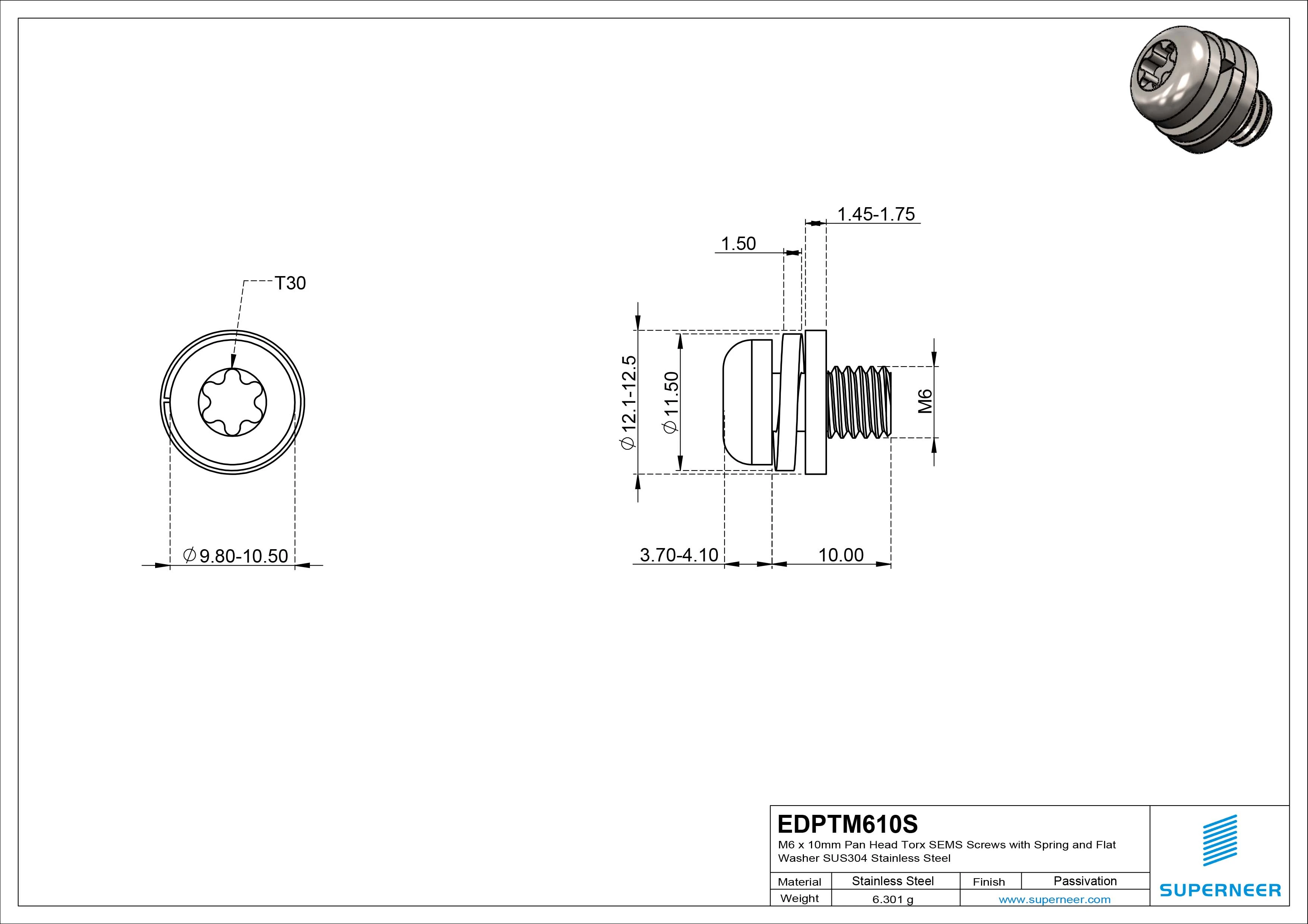 M6 x 10mm Pan Head Torx SEMS Screws with Spring and Flat Washer SUS304 Stainless Steel Inox