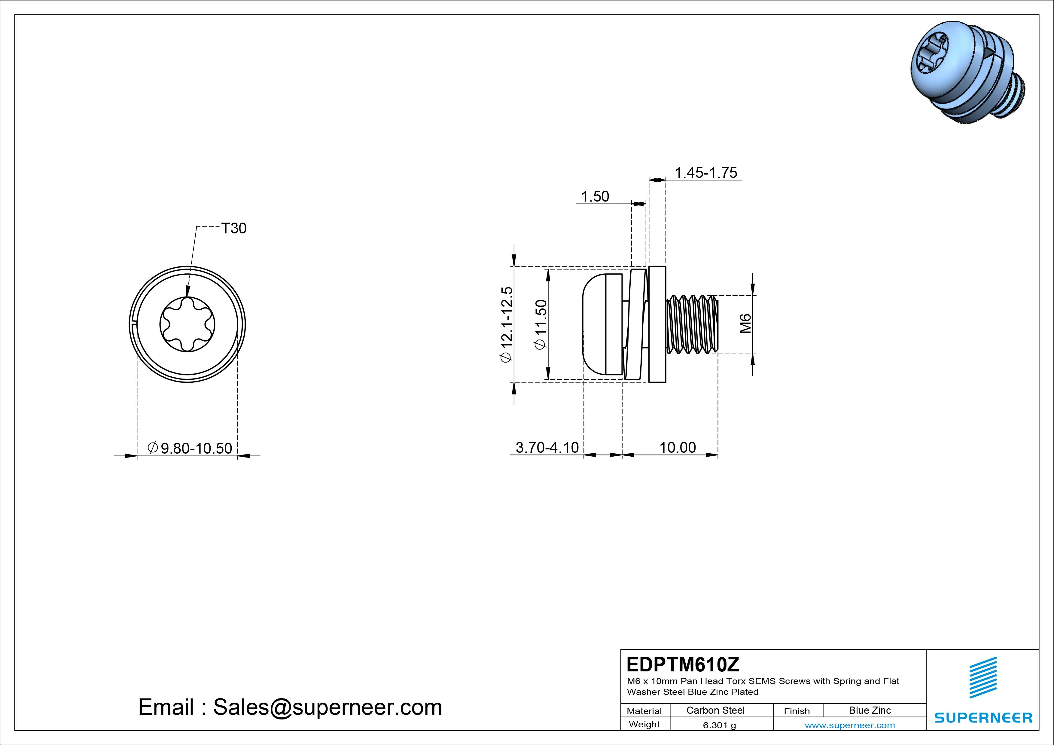 M6 x 10mm Pan Head Torx SEMS Screws with Spring and Flat Washer Steel Blue Zinc Plated