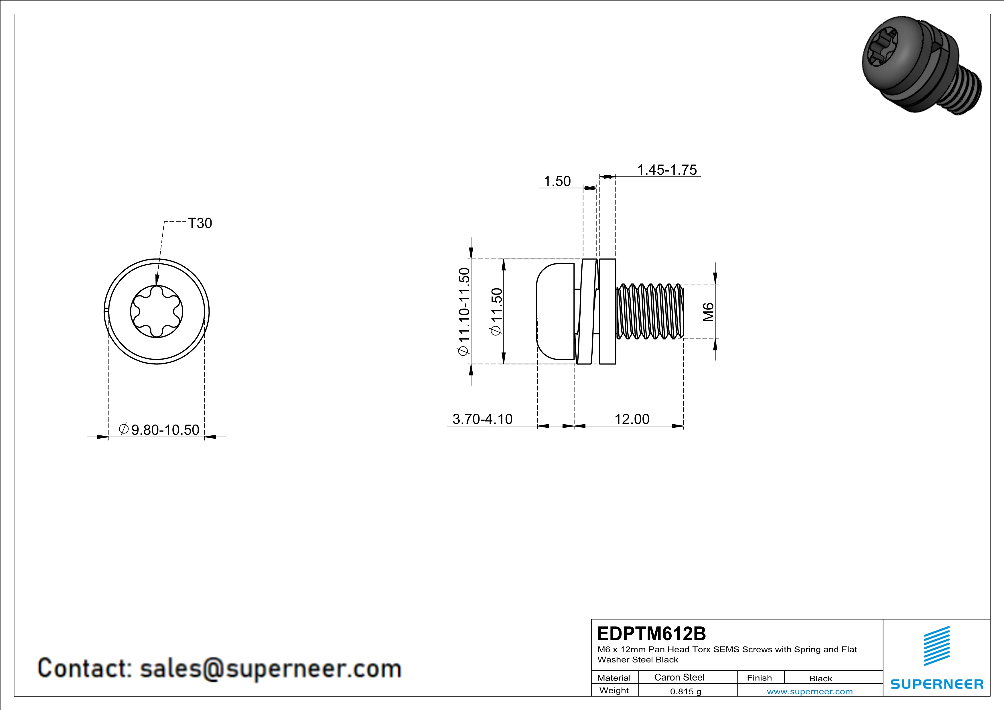 M6 x 12mm Pan Head Torx SEMS Screws with Spring and Flat Washer Steel Black