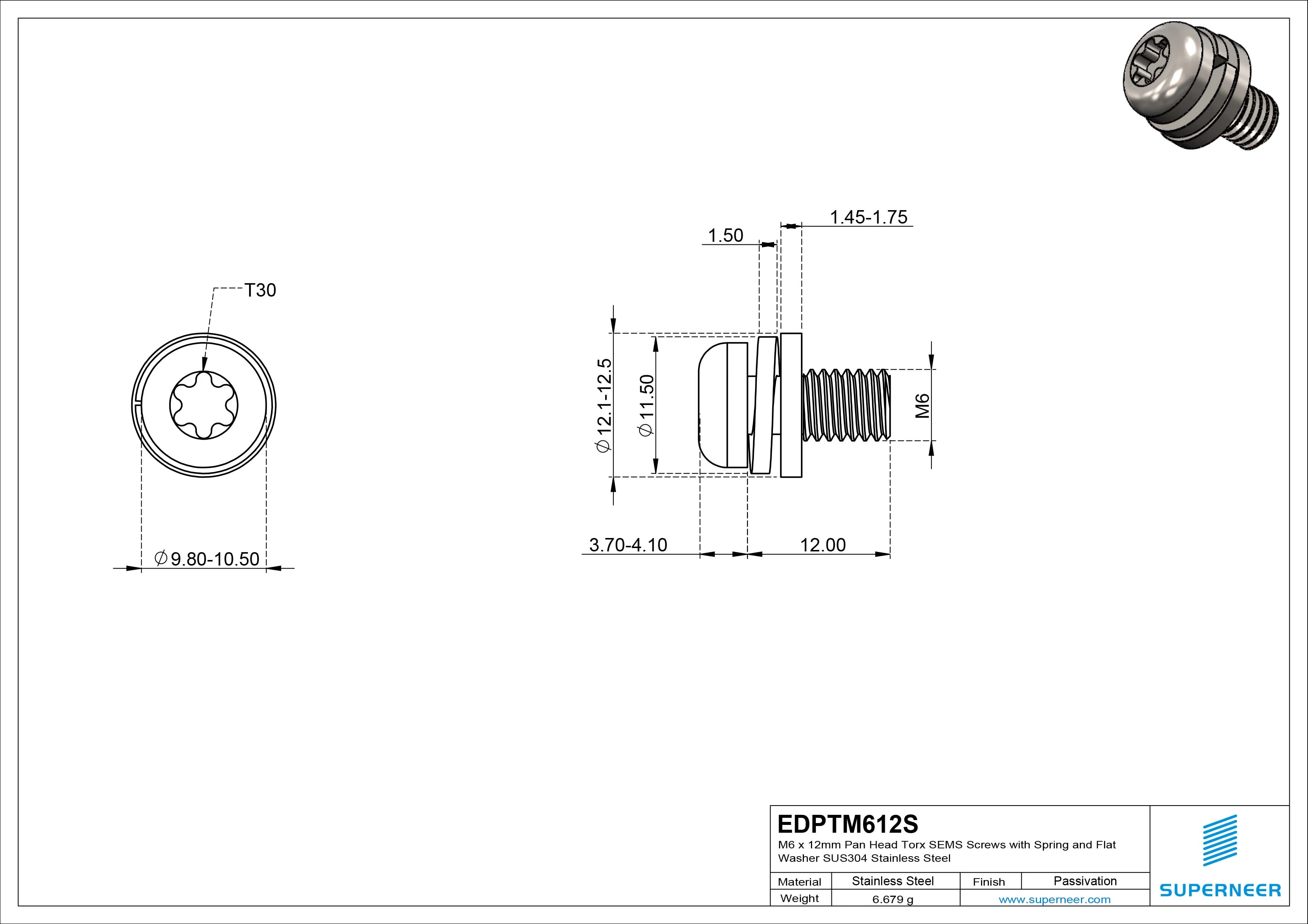 M6 x 12mm Pan Head Torx SEMS Screws with Spring and Flat Washer SUS304 Stainless Steel Inox