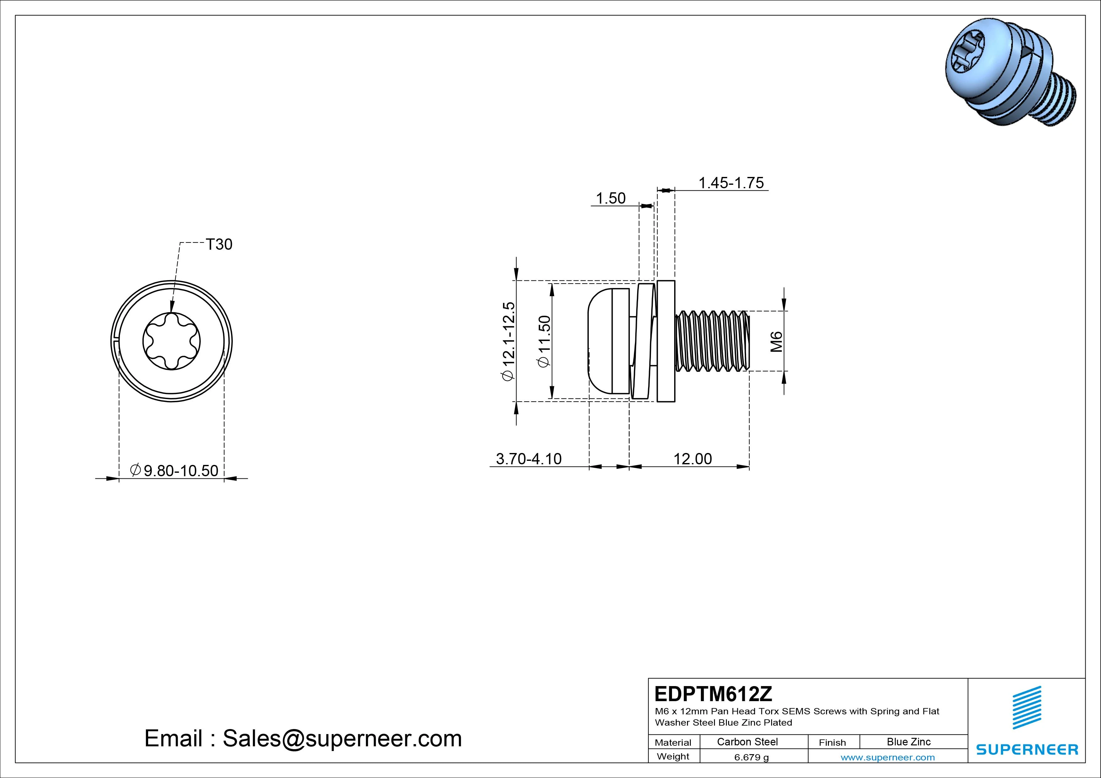 M6 x 12mm Pan Head Torx SEMS Screws with Spring and Flat Washer Steel Blue Zinc Plated