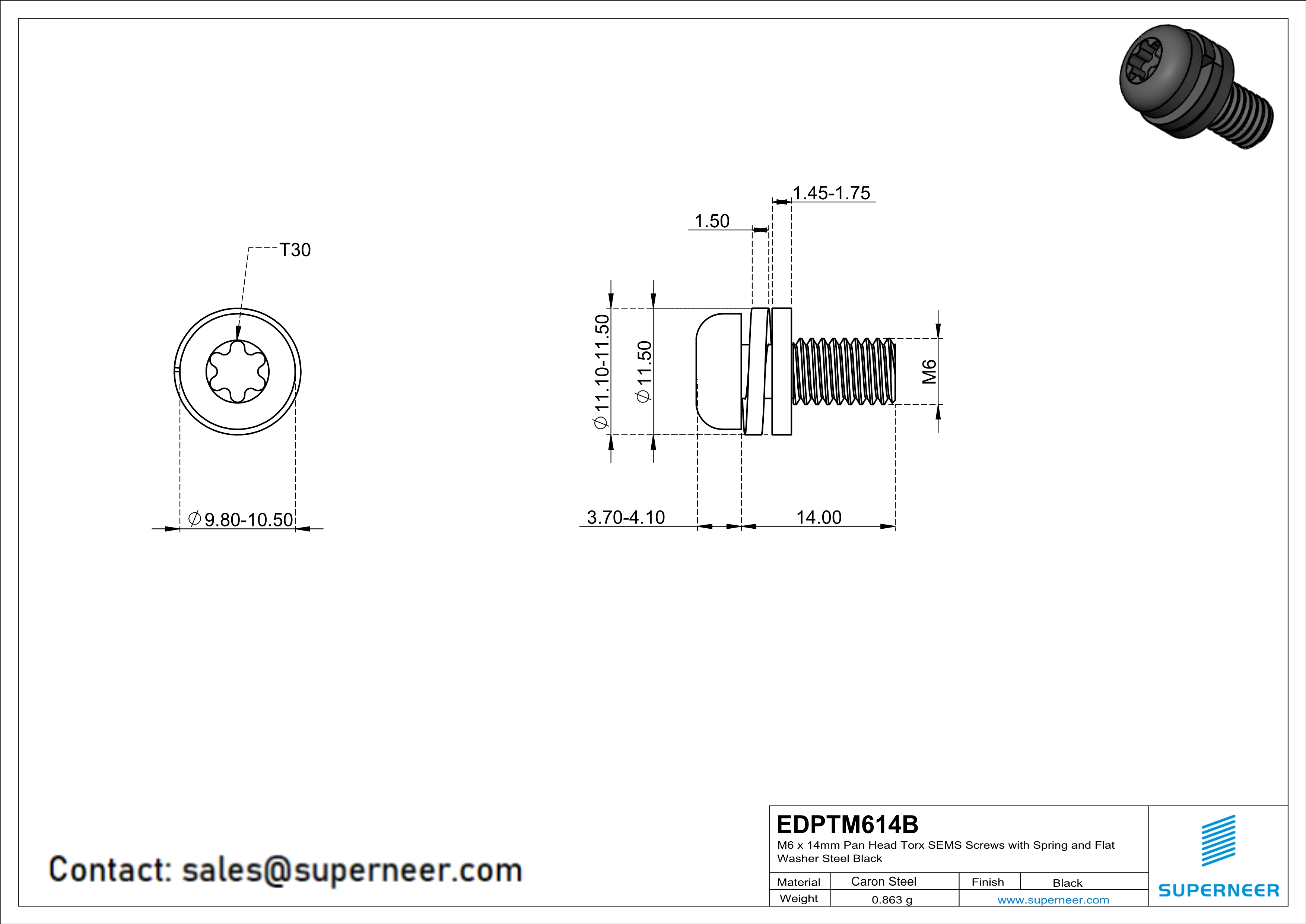 M6 x 14mm Pan Head Torx SEMS Screws with Spring and Flat Washer Steel Black