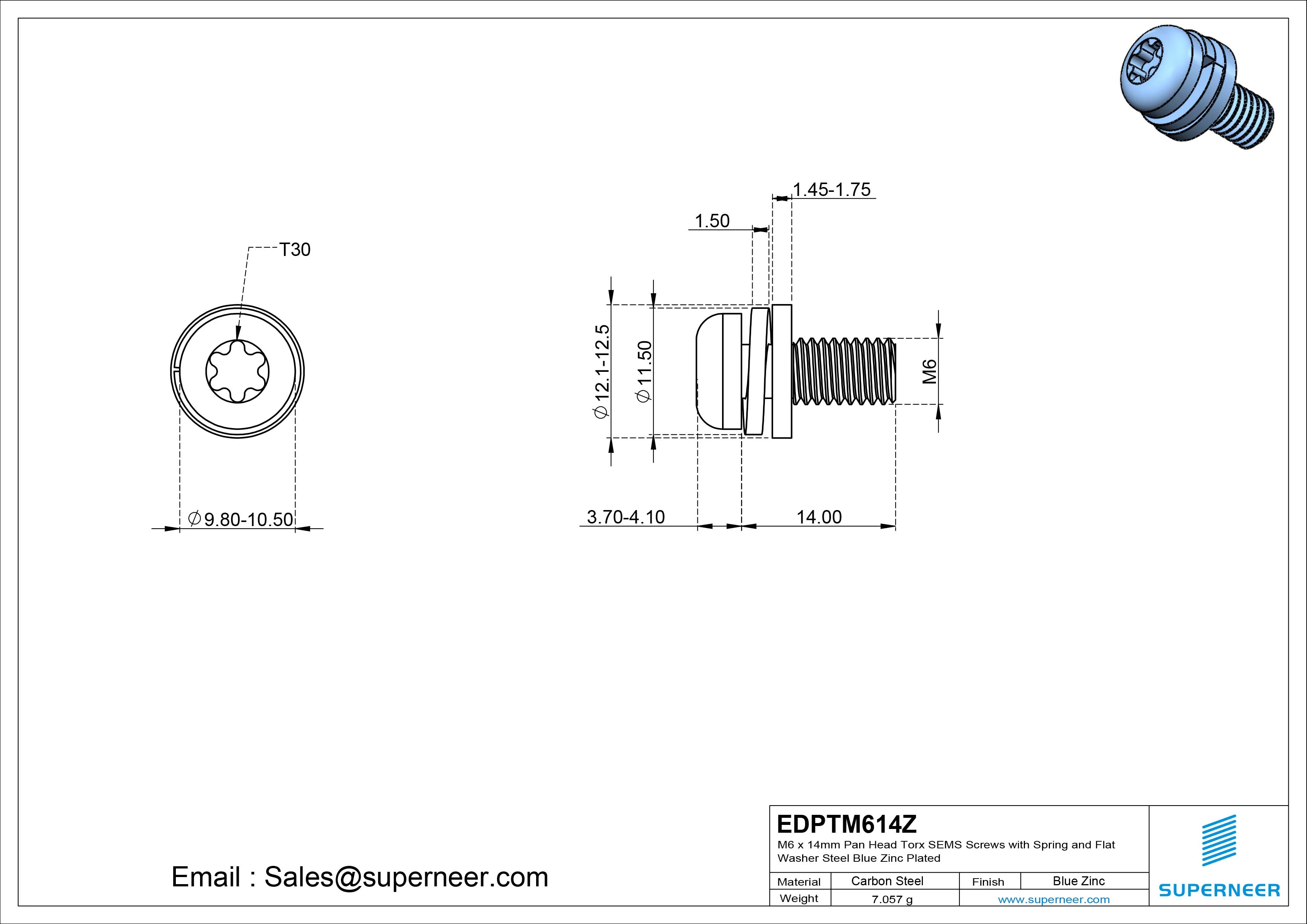 M6 x 14mm Pan Head Torx SEMS Screws with Spring and Flat Washer Steel Blue Zinc Plated