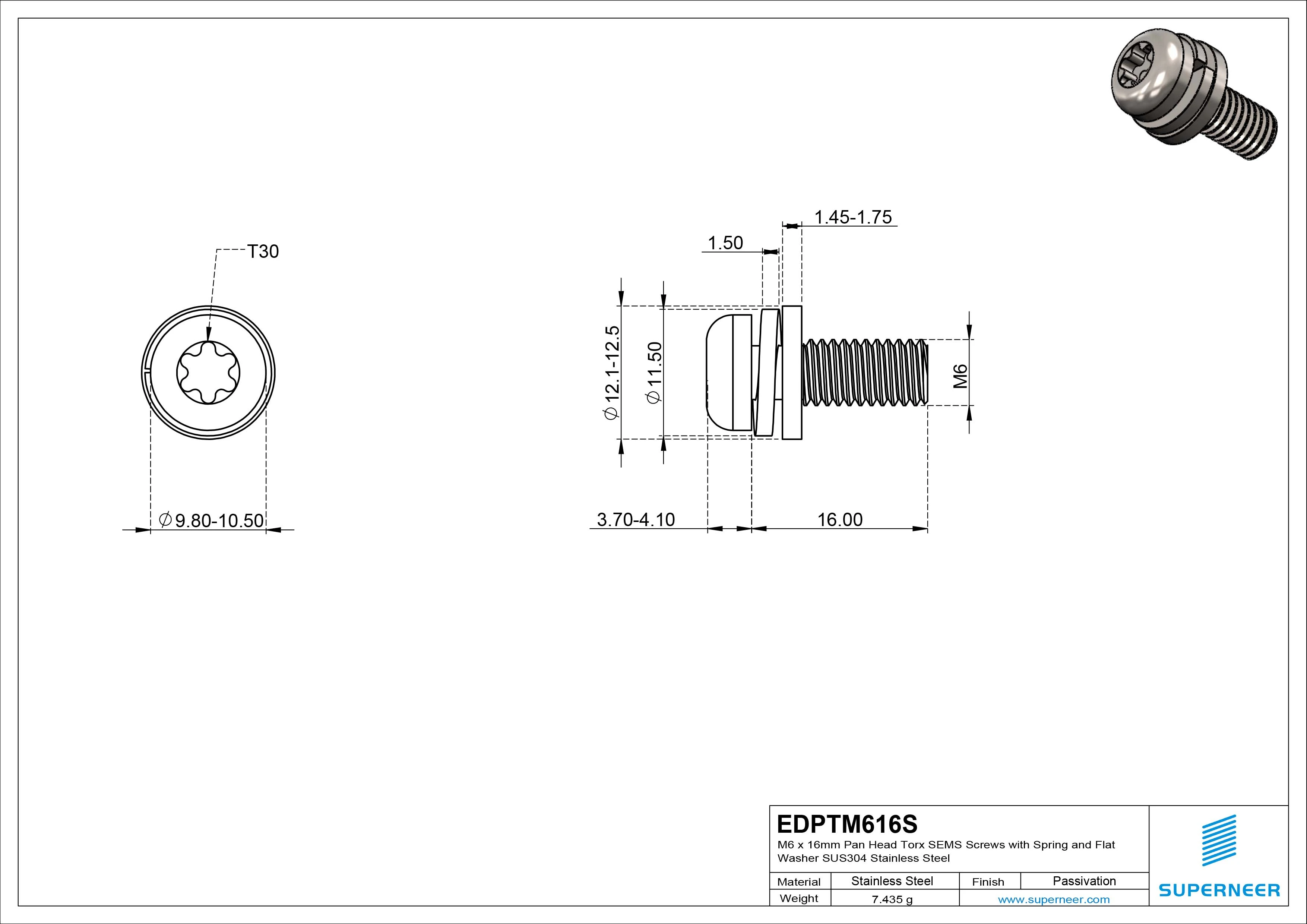 M6 x 16mm Pan Head Torx SEMS Screws with Spring and Flat Washer SUS304 Stainless Steel Inox