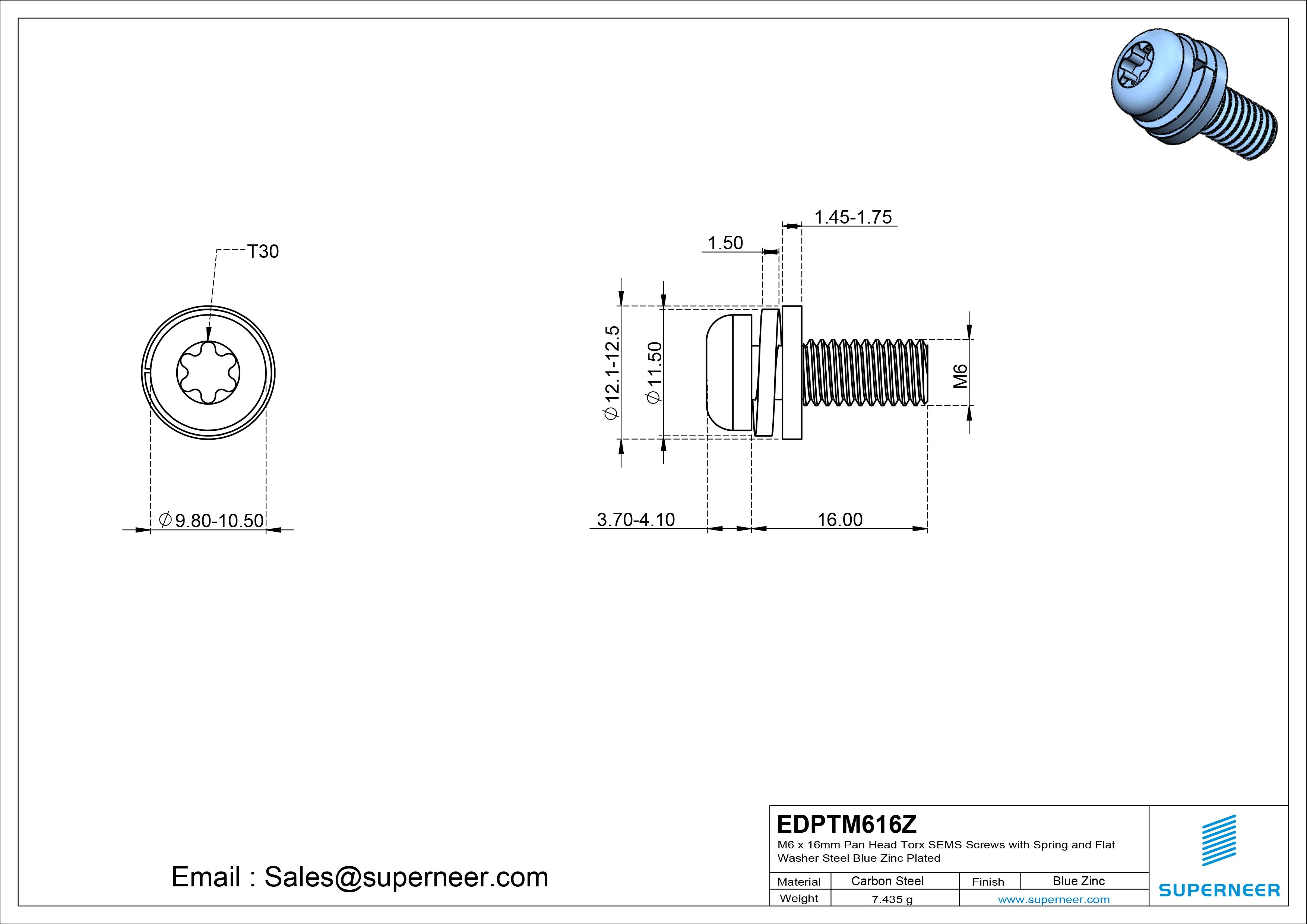 M6 x 16mm Pan Head Torx SEMS Screws with Spring and Flat Washer Steel Blue Zinc Plated