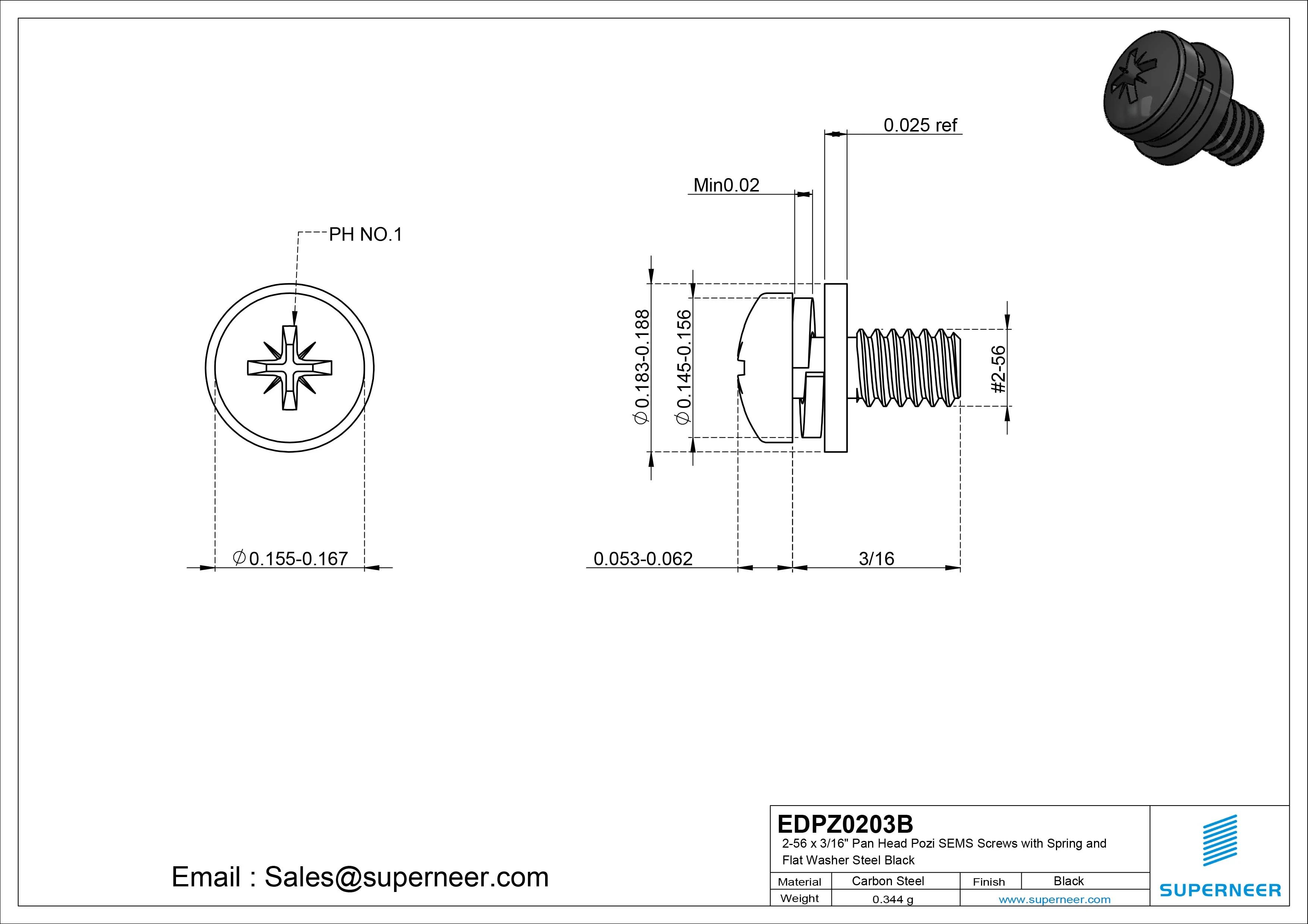 2-56 x 3/16" Pan Head Pozi SEMS Screws with Spring and Flat Washer Steel Black