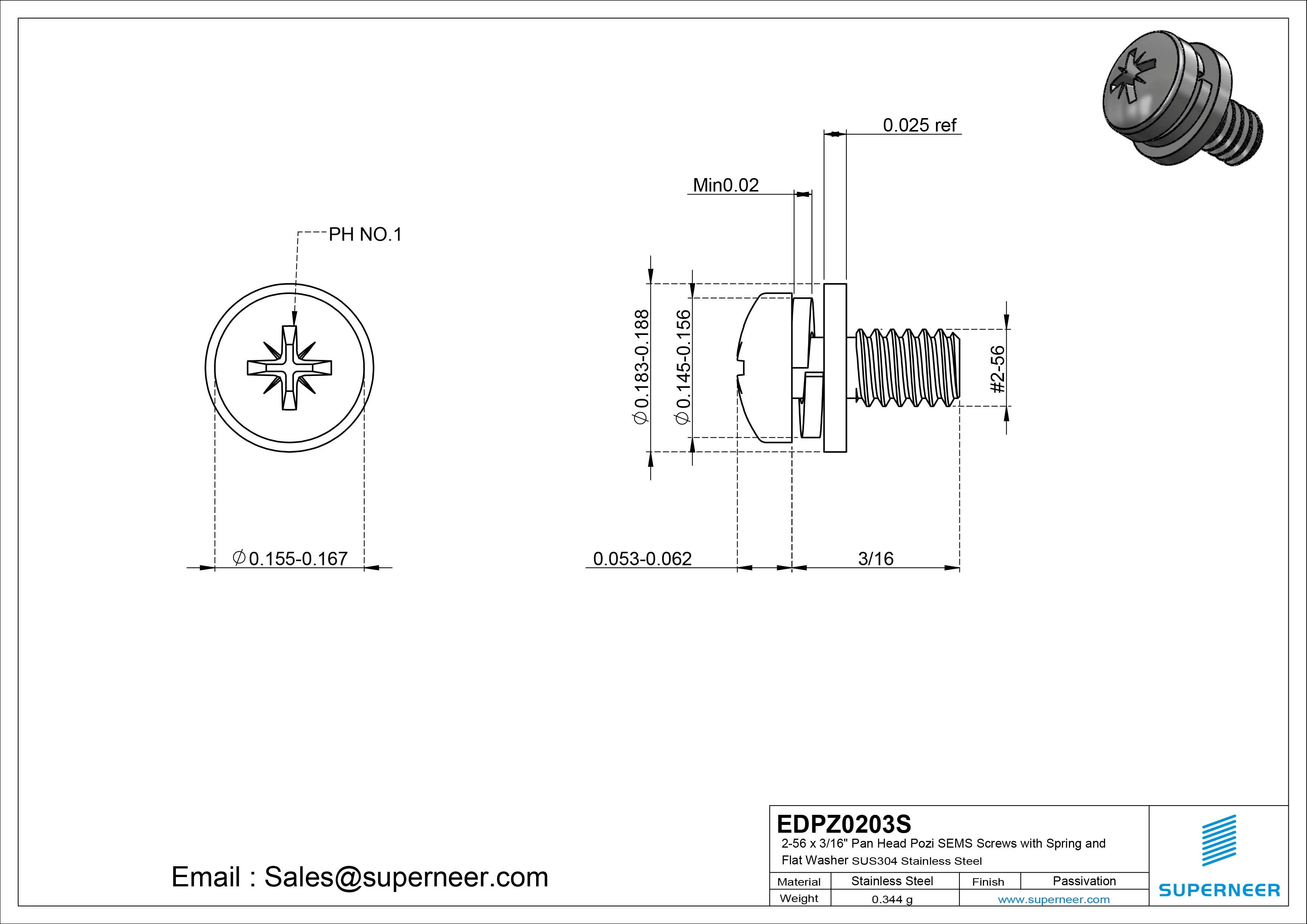 2-56 x 3/16" Pan Head Pozi SEMS Screws with Spring and Flat Washer SUS304 Stainless Steel Inox