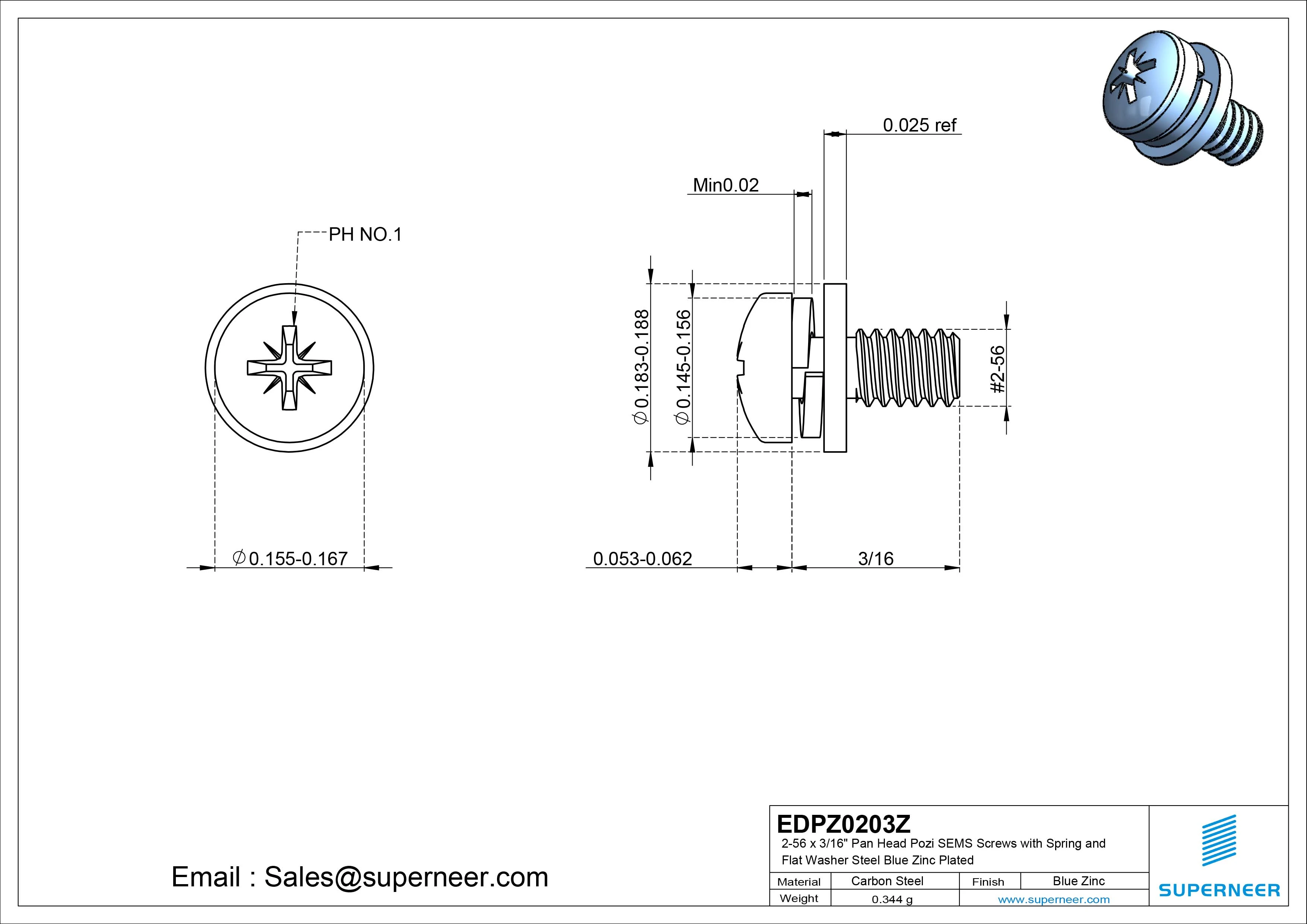 2-56 x 3/16" Pan Head Pozi SEMS Screws with Spring and Flat Washer Steel Blue Zinc Plated