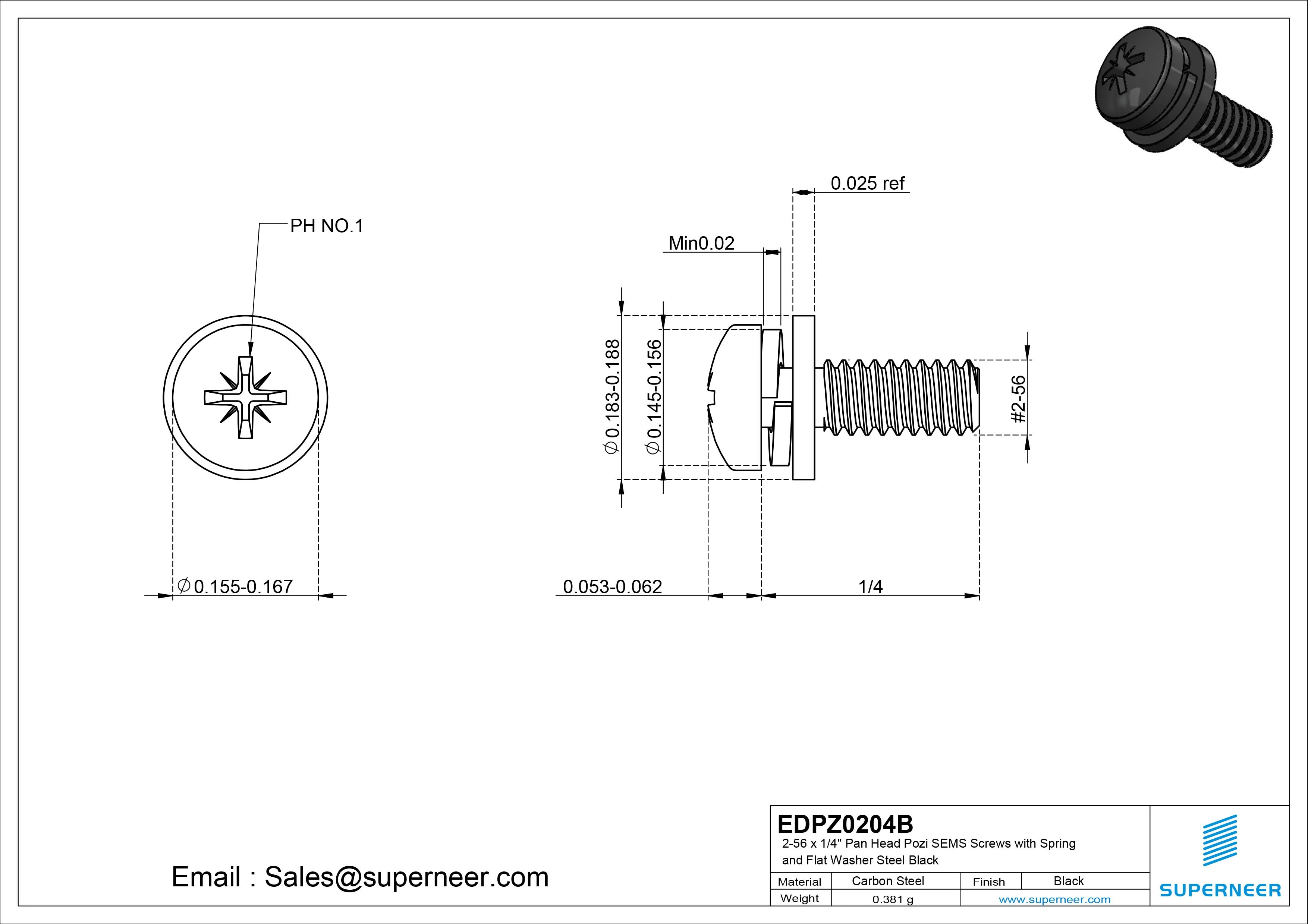2-56 x 1/4" Pan Head Pozi SEMS Screws with Spring and Flat Washer Steel Black