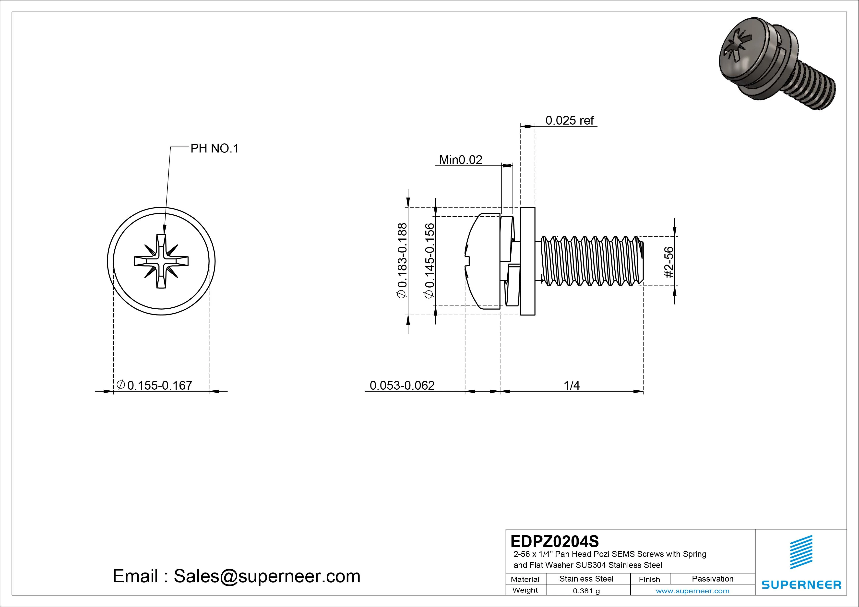2-56 x 1/4" Pan Head Pozi SEMS Screws with Spring and Flat Washer SUS304 Stainless Steel Inox