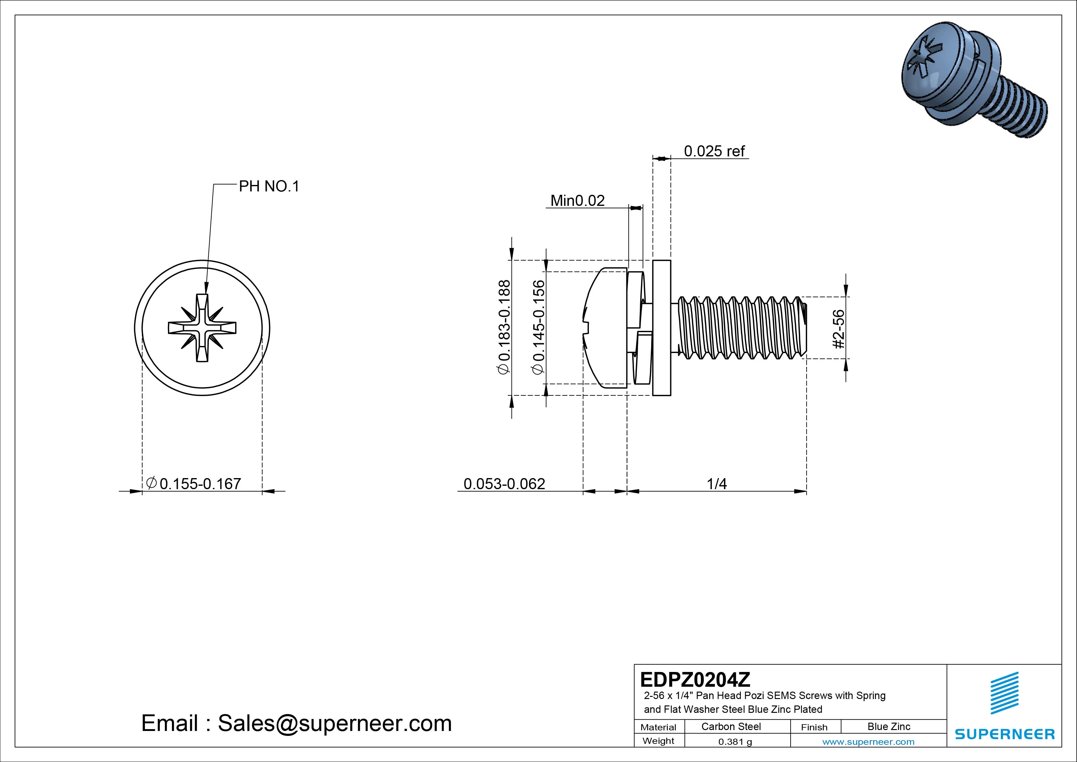 2-56 x 1/4" Pan Head Pozi SEMS Screws with Spring and Flat Washer Steel Blue Zinc Plated