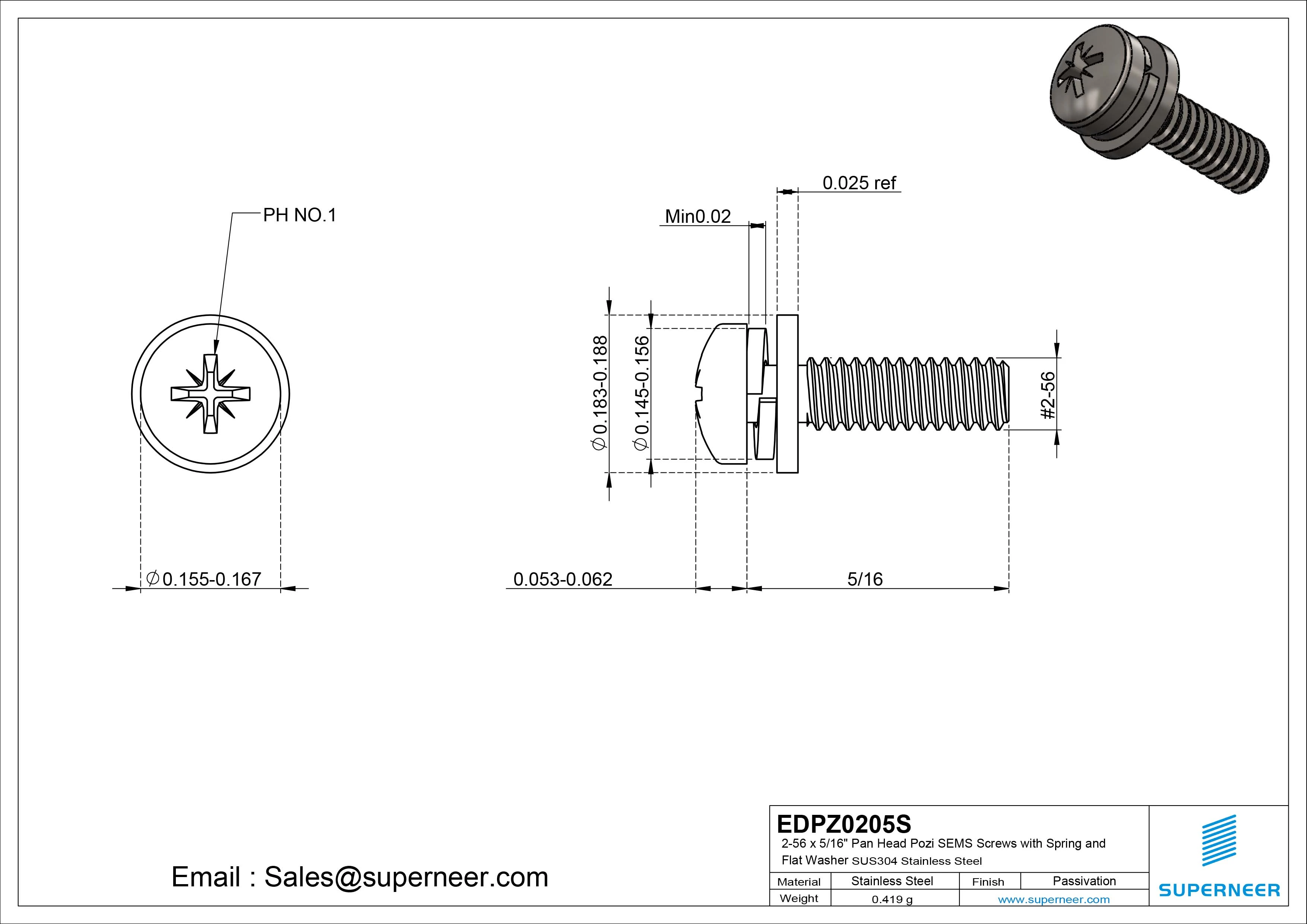 2-56 x 5/16" Pan Head Pozi SEMS Screws with Spring and Flat Washer SUS304 Stainless Steel Inox