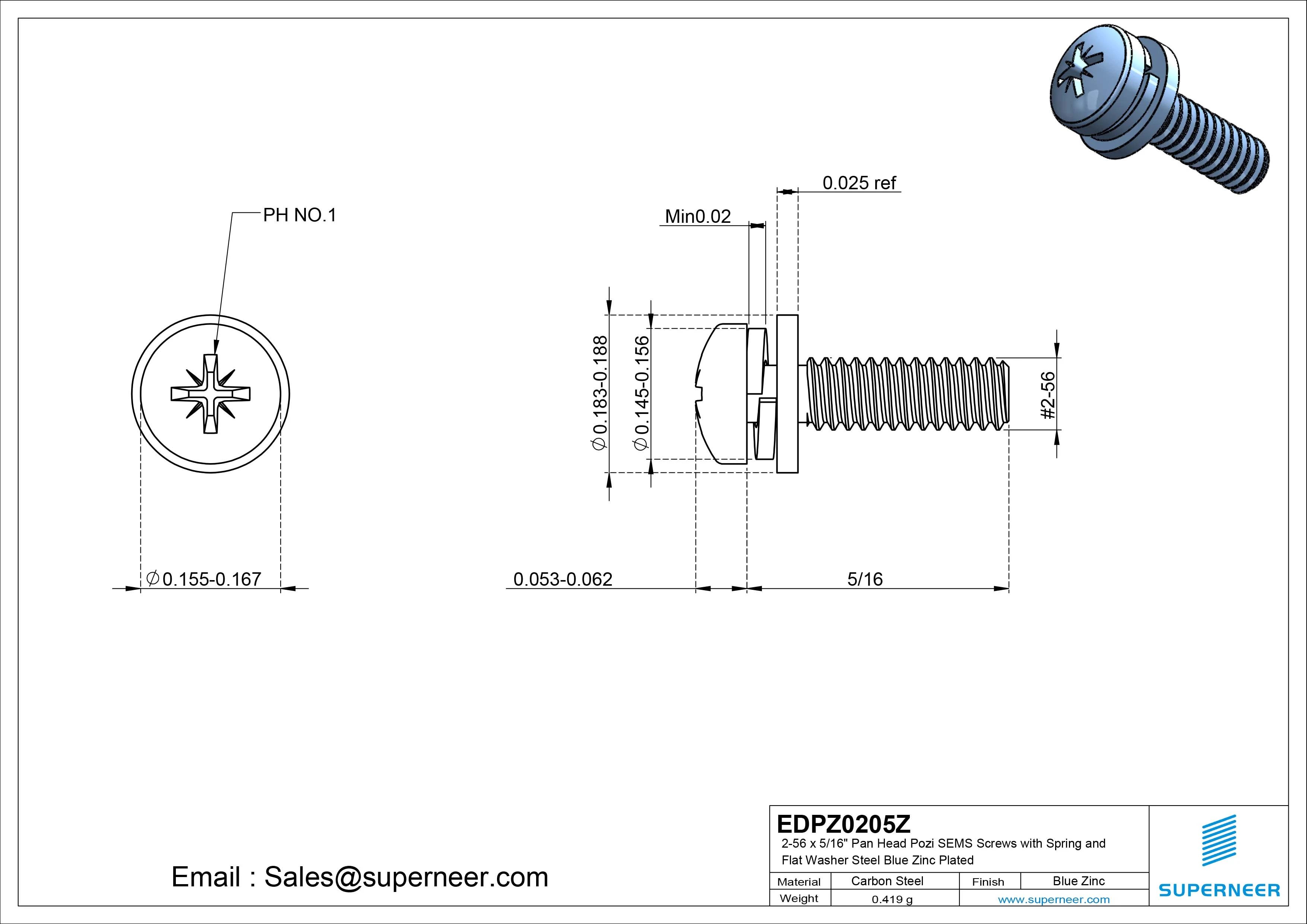 2-56 x 5/16" Pan Head Pozi SEMS Screws with Spring and Flat Washer Steel Blue Zinc Plated