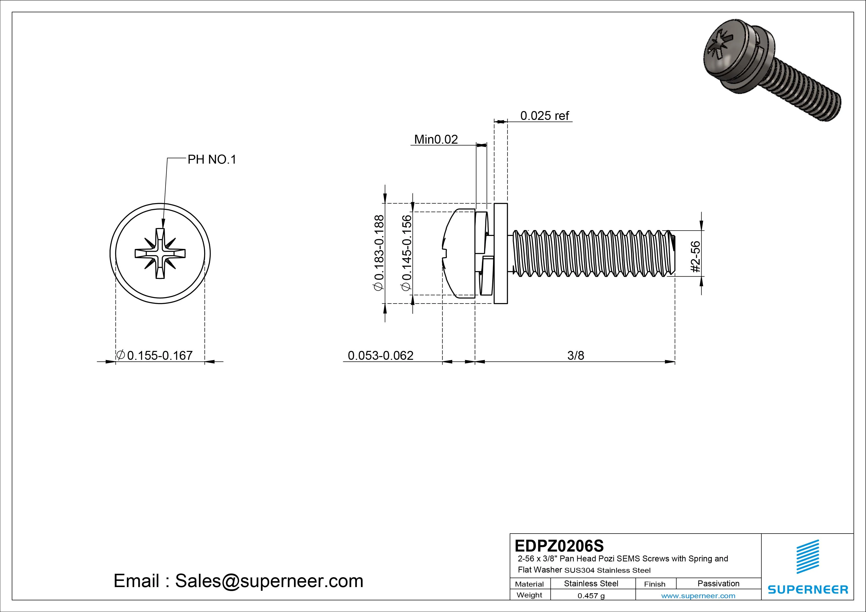 2-56 x 3/8" Pan Head Pozi SEMS Screws with Spring and Flat Washer SUS304 Stainless Steel Inox