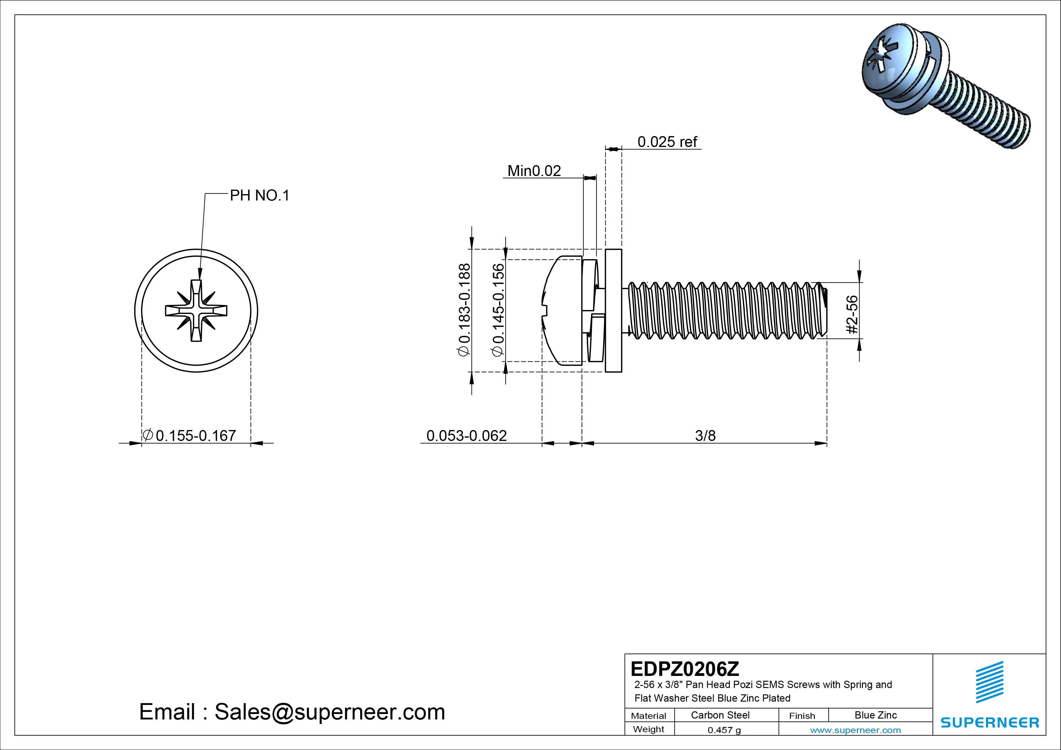 2-56 x 3/8" Pan Head Pozi SEMS Screws with Spring and Flat Washer Steel Blue Zinc Plated