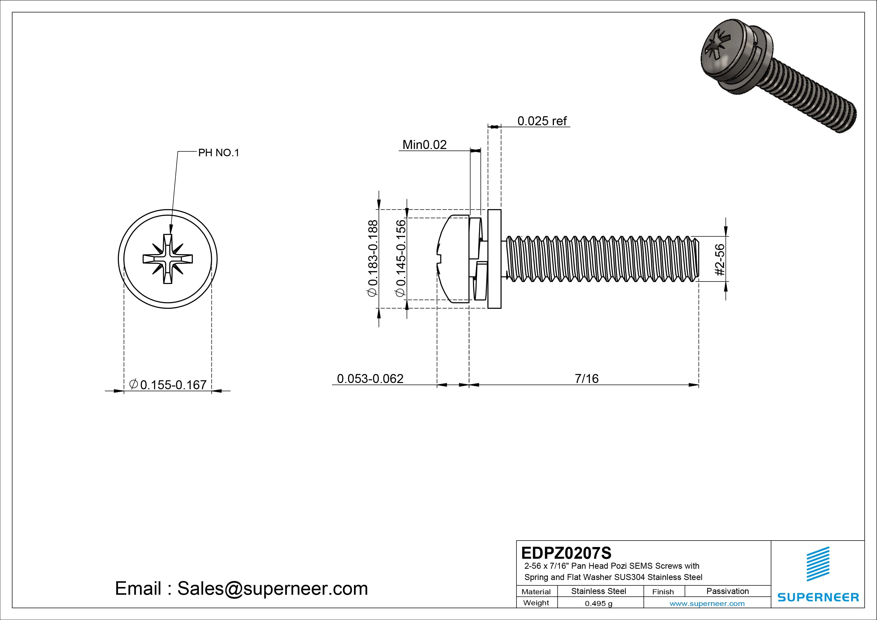 2-56 x 7/16" Pan Head Pozi SEMS Screws with Spring and Flat Washer SUS304 Stainless Steel Inox