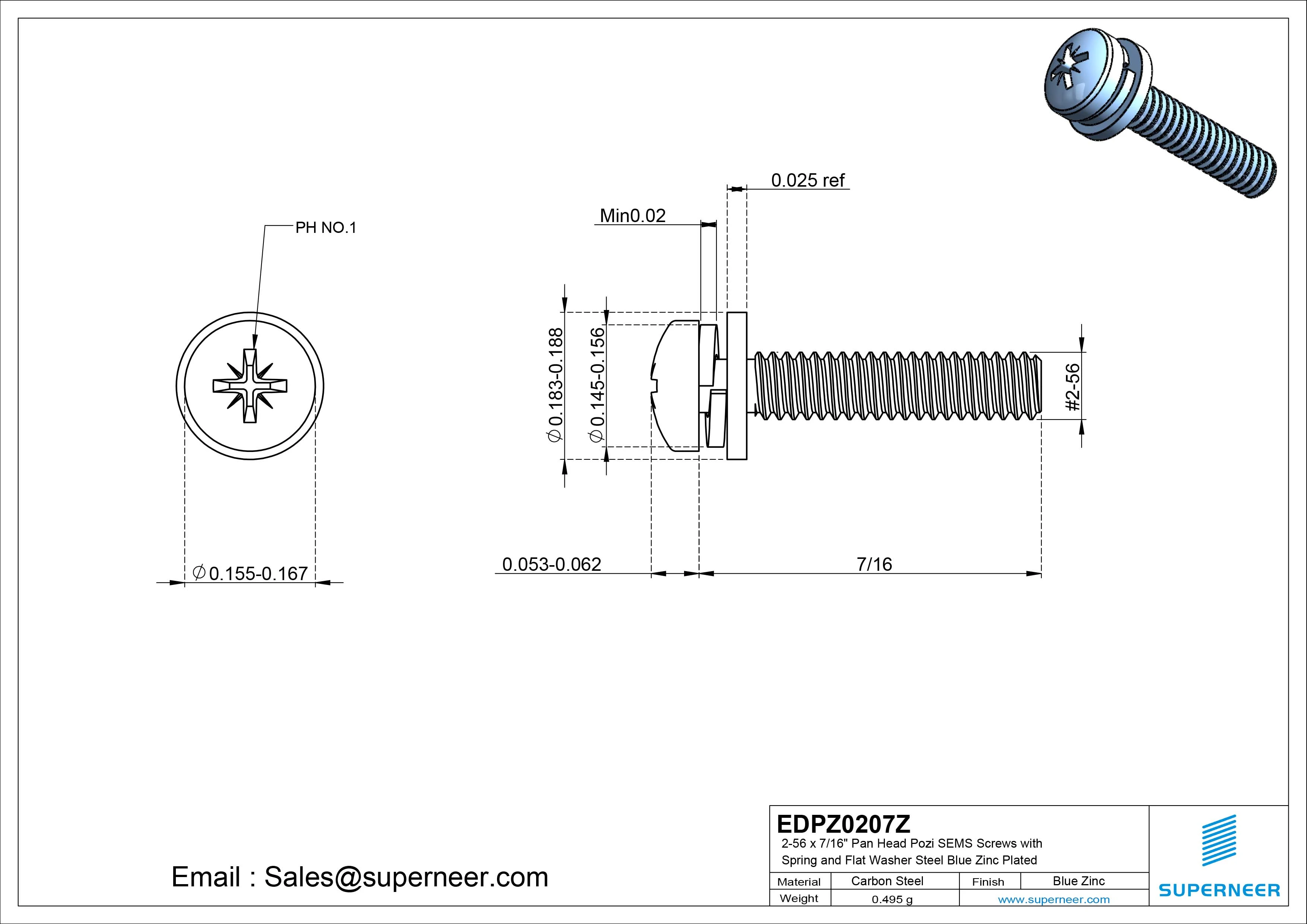 2-56 x 7/16" Pan Head Pozi SEMS Screws with Spring and Flat Washer Steel Blue Zinc Plated