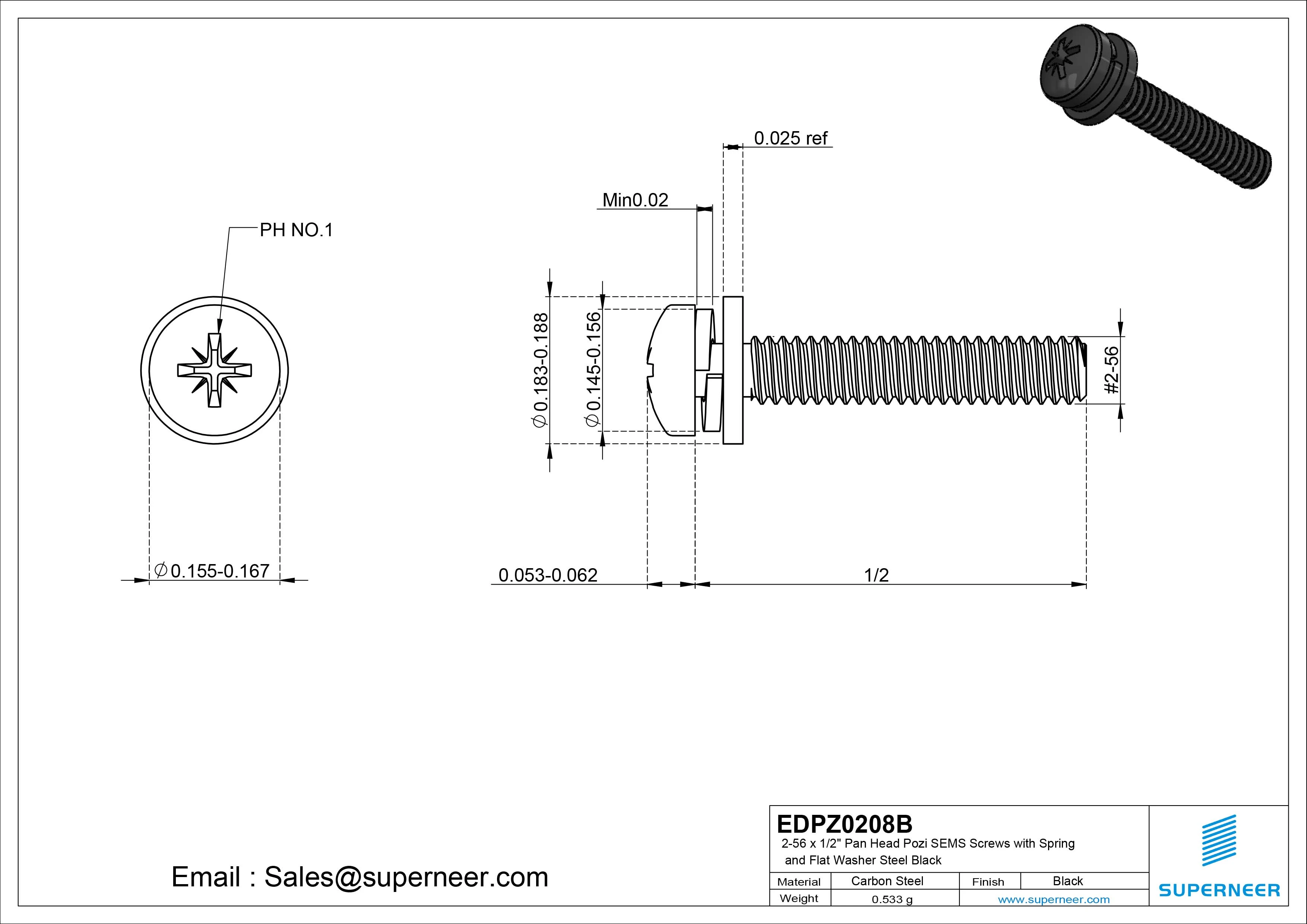 2-56 x 1/2" Pan Head Pozi SEMS Screws with Spring and Flat Washer Steel Black