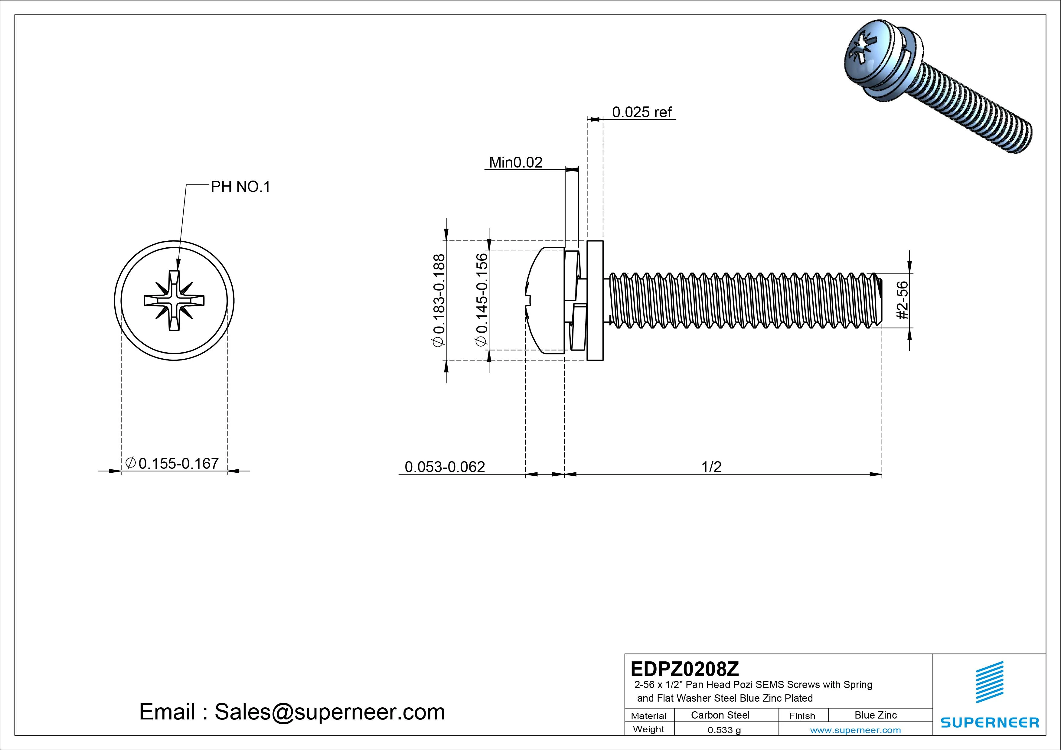 2-56 x 1/2" Pan Head Pozi SEMS Screws with Spring and Flat Washer Steel Blue Zinc Plated