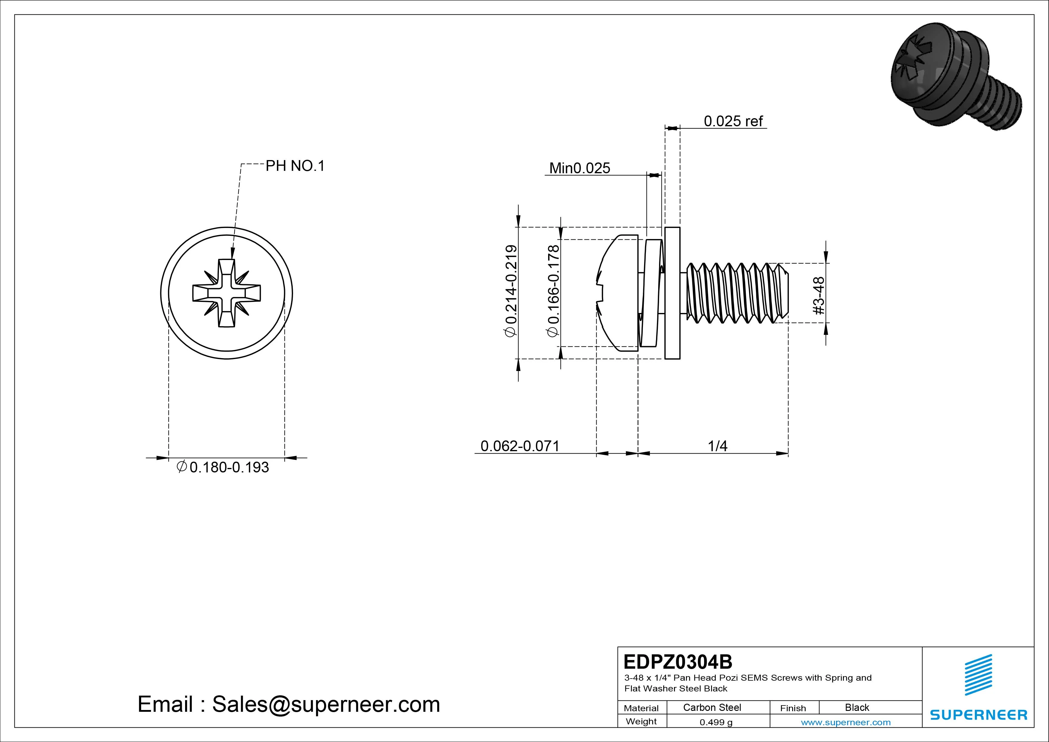 3-48 x 1/4" Pan Head Pozi SEMS Screws with Spring and Flat Washer Steel Black