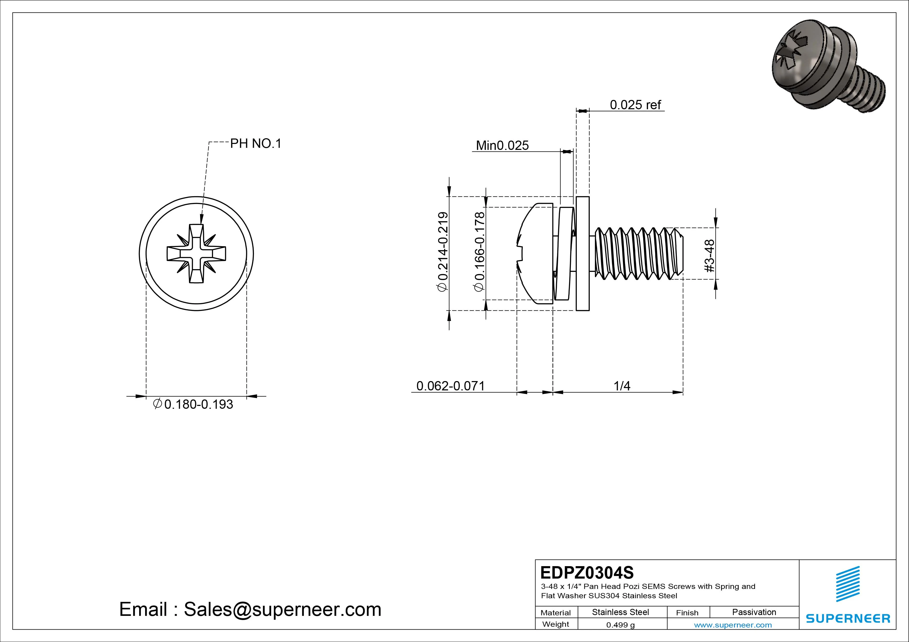 3-48 x 1/4" Pan Head Pozi SEMS Screws with Spring and Flat Washer SUS304 Stainless Steel Inox