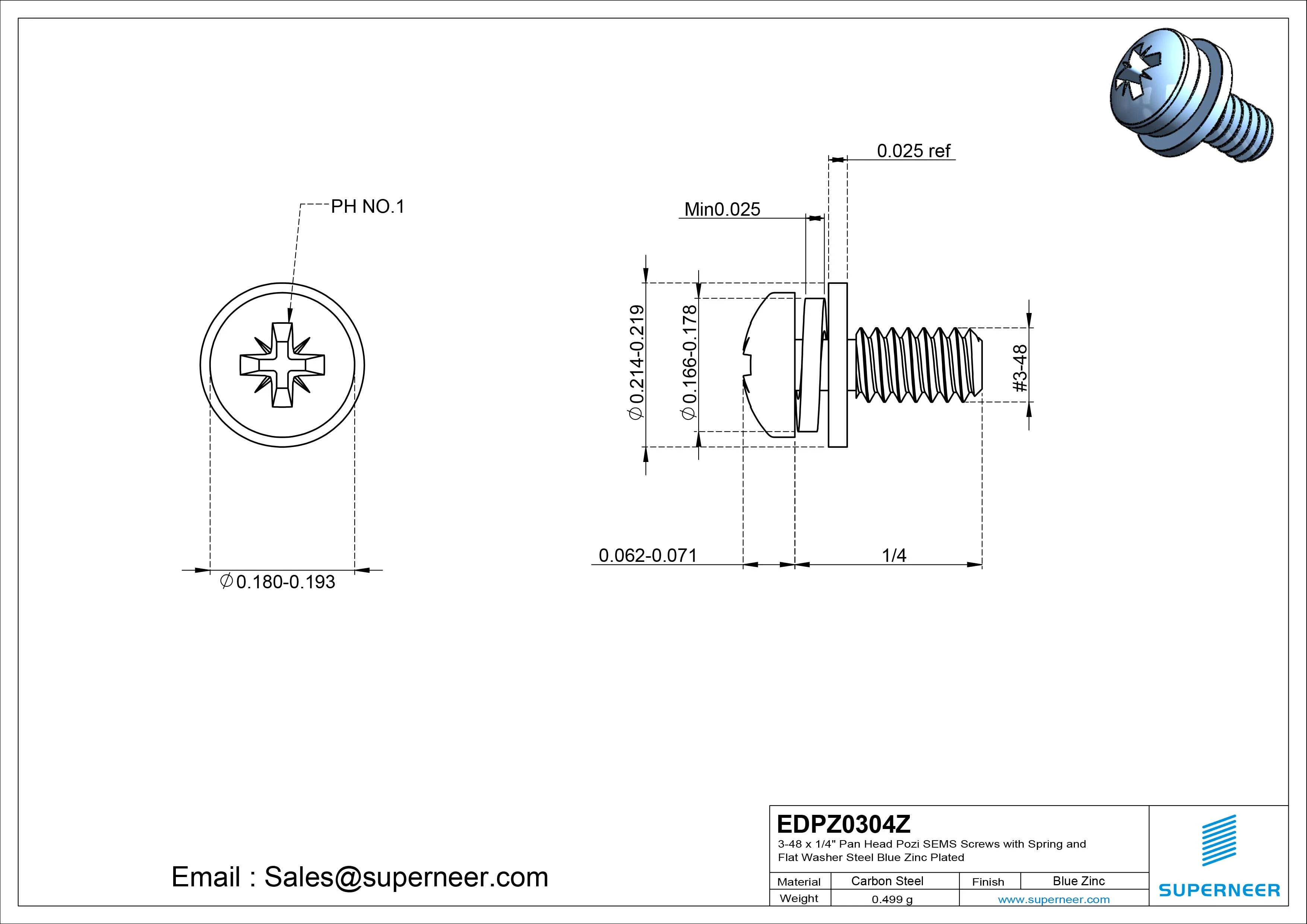 3-48 x 1/4" Pan Head Pozi SEMS Screws with Spring and Flat Washer Steel Blue Zinc Plated