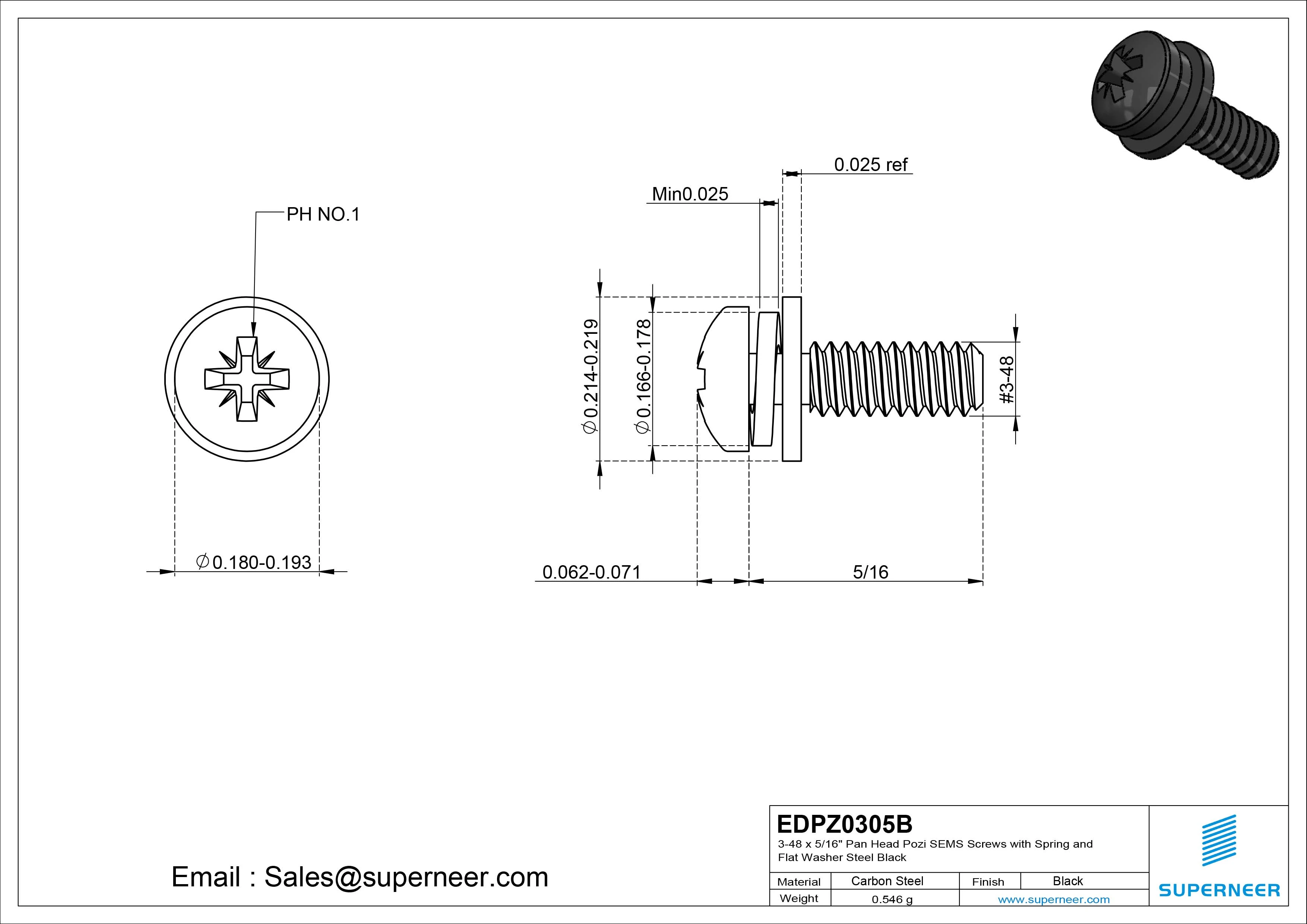 3-48 x 5/16" Pan Head Pozi SEMS Screws with Spring and Flat Washer Steel Black