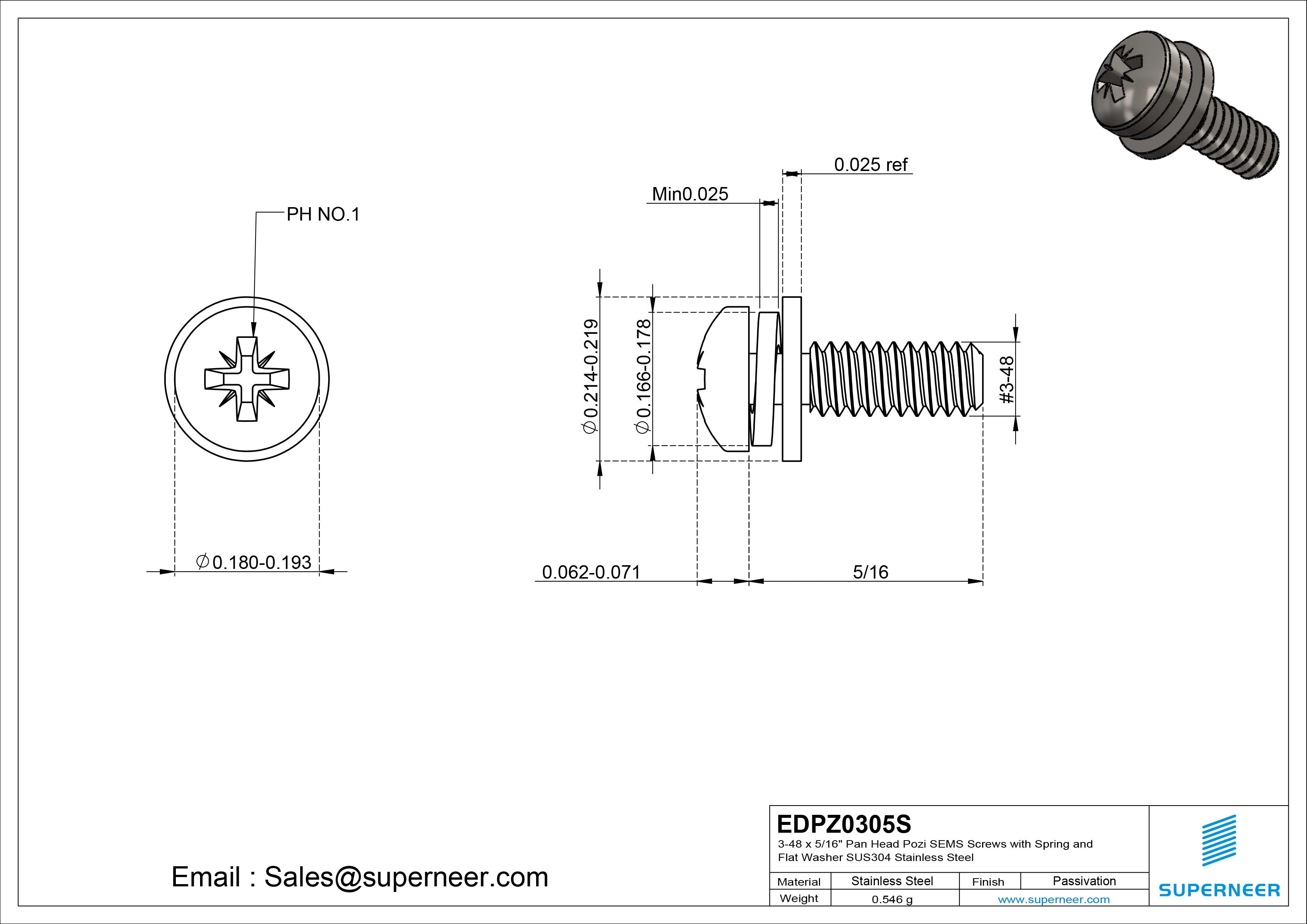 3-48 x 5/16" Pan Head Pozi SEMS Screws with Spring and Flat Washer SUS304 Stainless Steel Inox