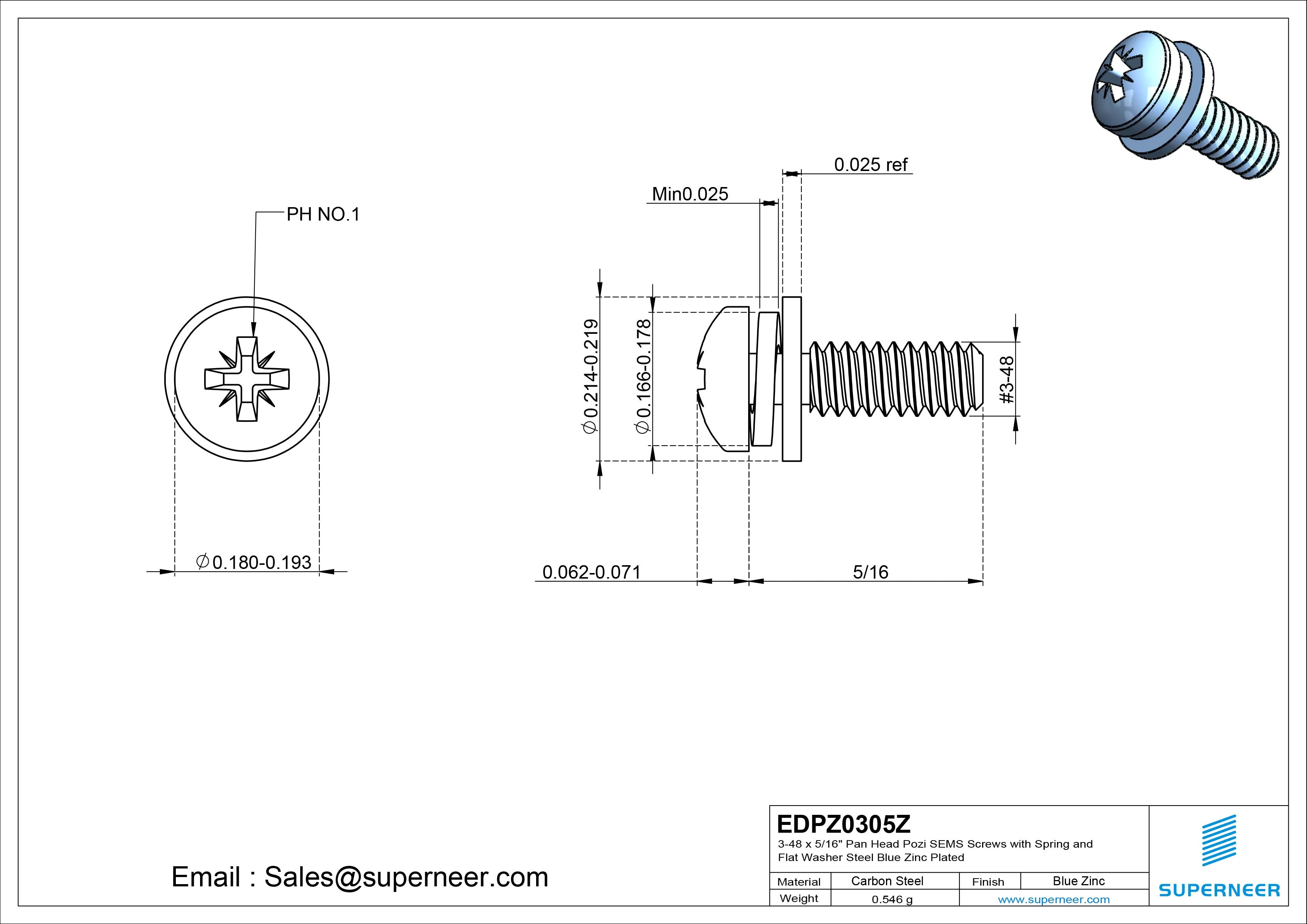 3-48 x 5/16" Pan Head Pozi SEMS Screws with Spring and Flat Washer Steel Blue Zinc Plated