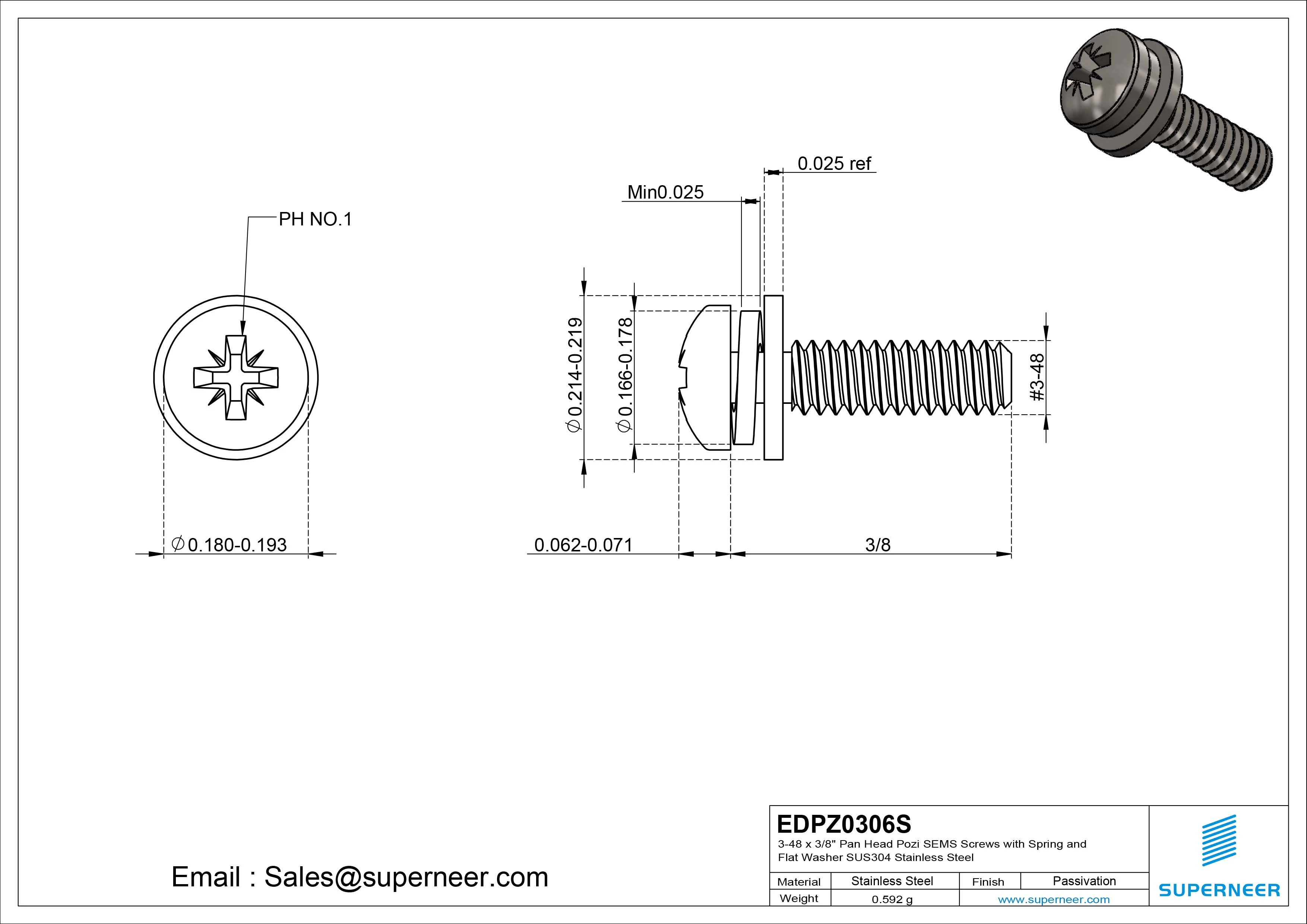 3-48 x 3/8" Pan Head Pozi SEMS Screws with Spring and Flat Washer SUS304 Stainless Steel Inox