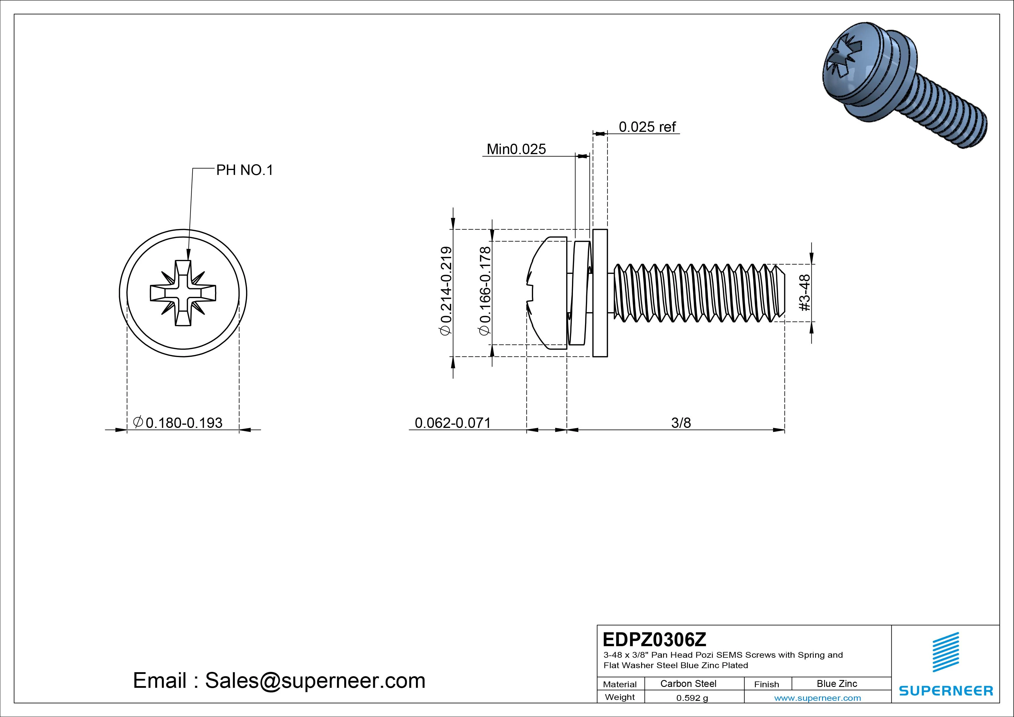 3-48 x 3/8" Pan Head Pozi SEMS Screws with Spring and Flat Washer Steel Blue Zinc Plated