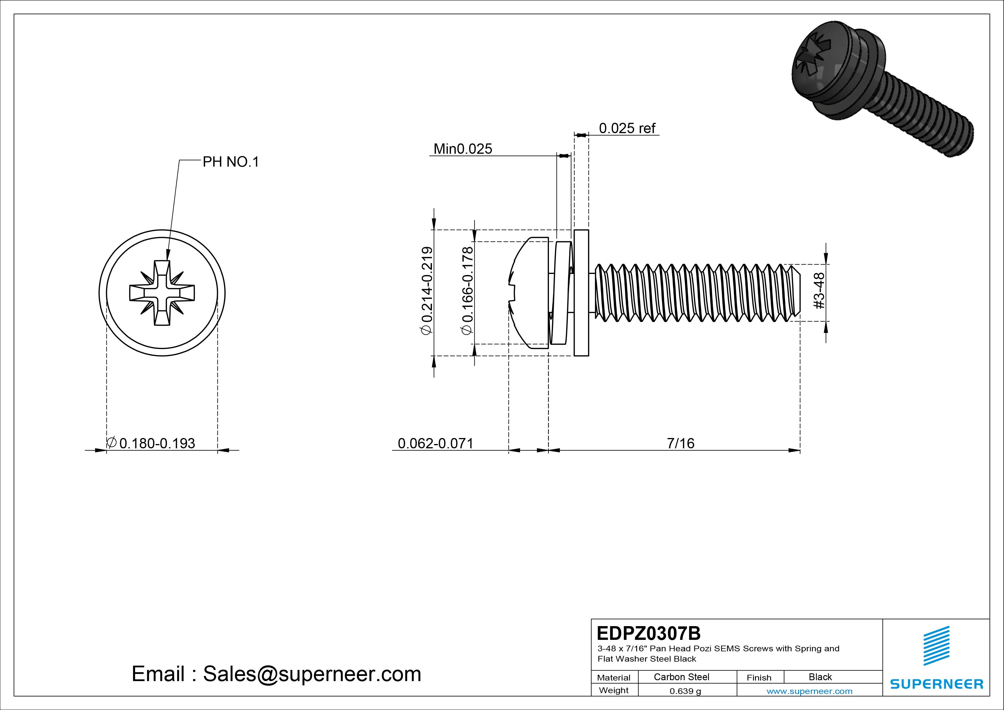 3-48 x 7/16" Pan Head Pozi SEMS Screws with Spring and Flat Washer Steel Black
