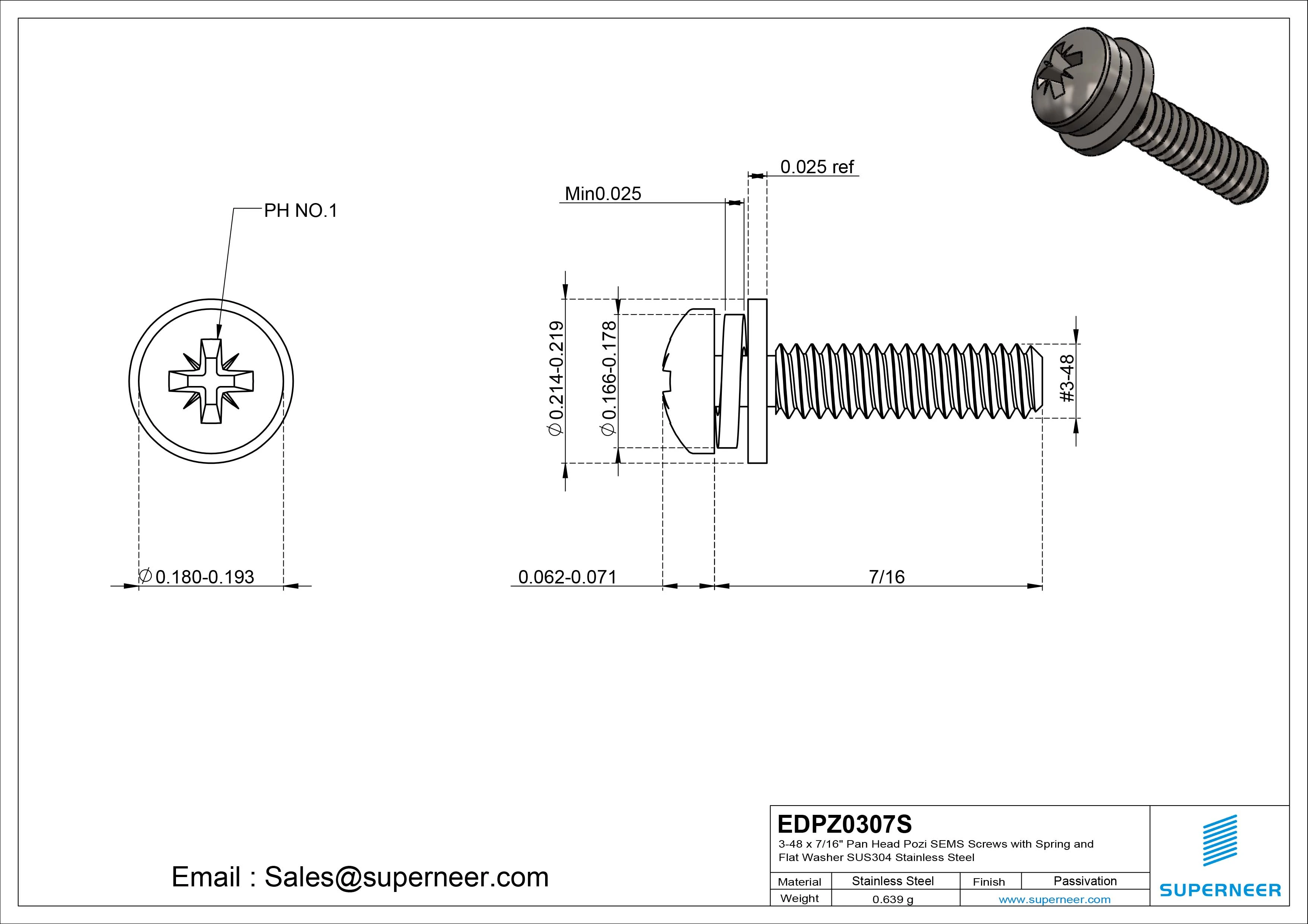 3-48 x 7/16" Pan Head Pozi SEMS Screws with Spring and Flat Washer SUS304 Stainless Steel Inox