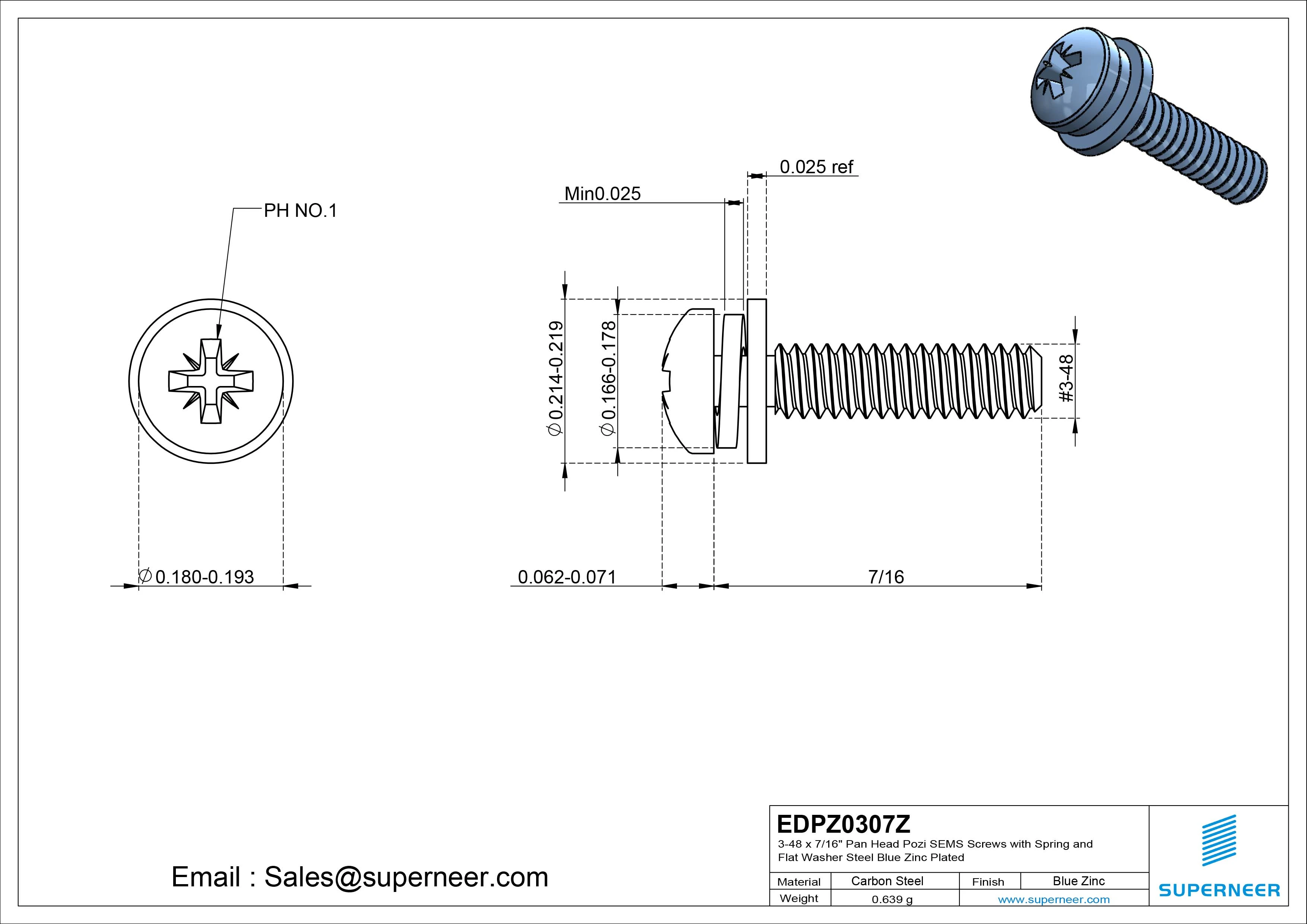 3-48 x 7/16" Pan Head Pozi SEMS Screws with Spring and Flat Washer Steel Blue Zinc Plated
