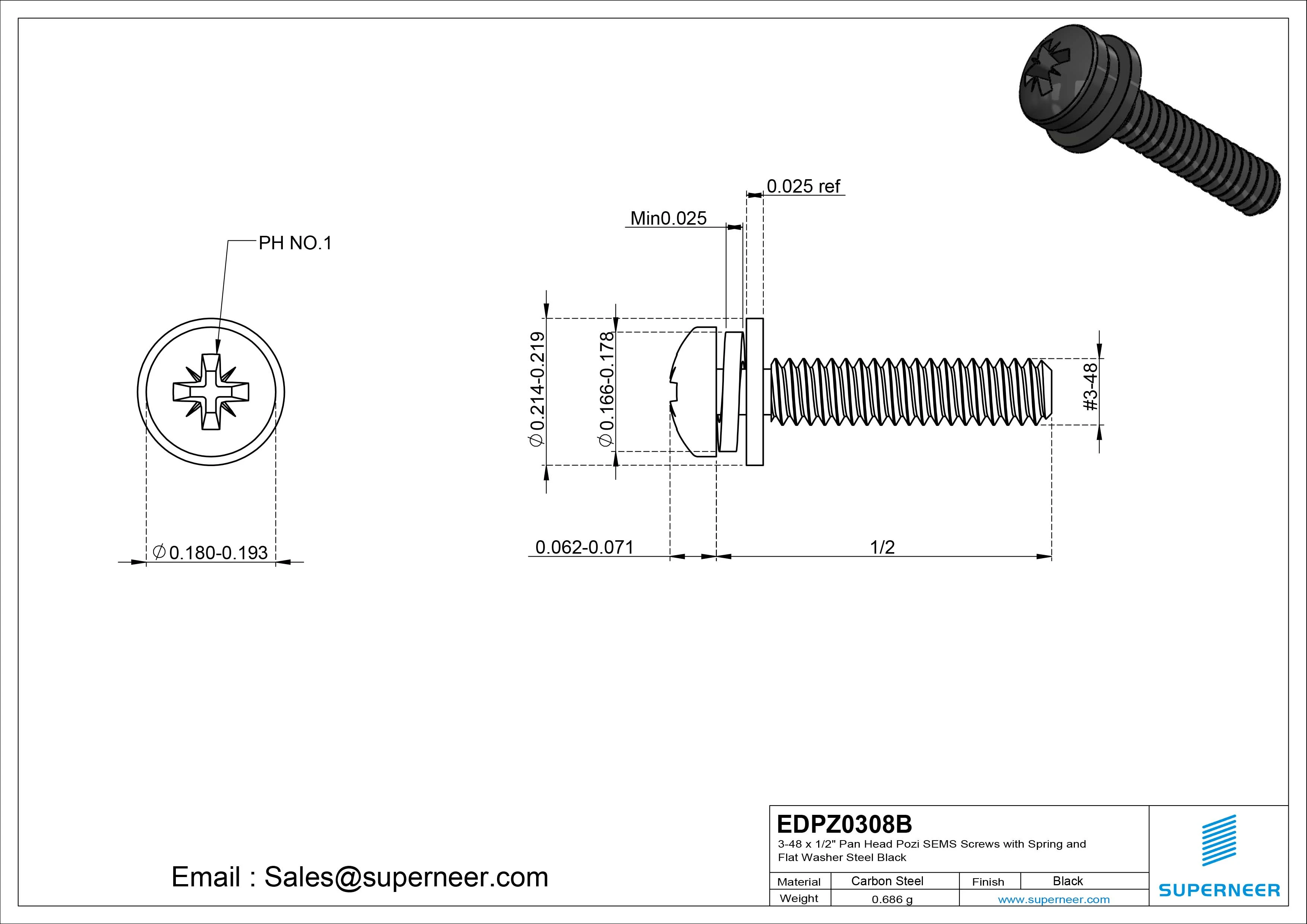 3-48 x 1/2" Pan Head Pozi SEMS Screws with Spring and Flat Washer Steel Black