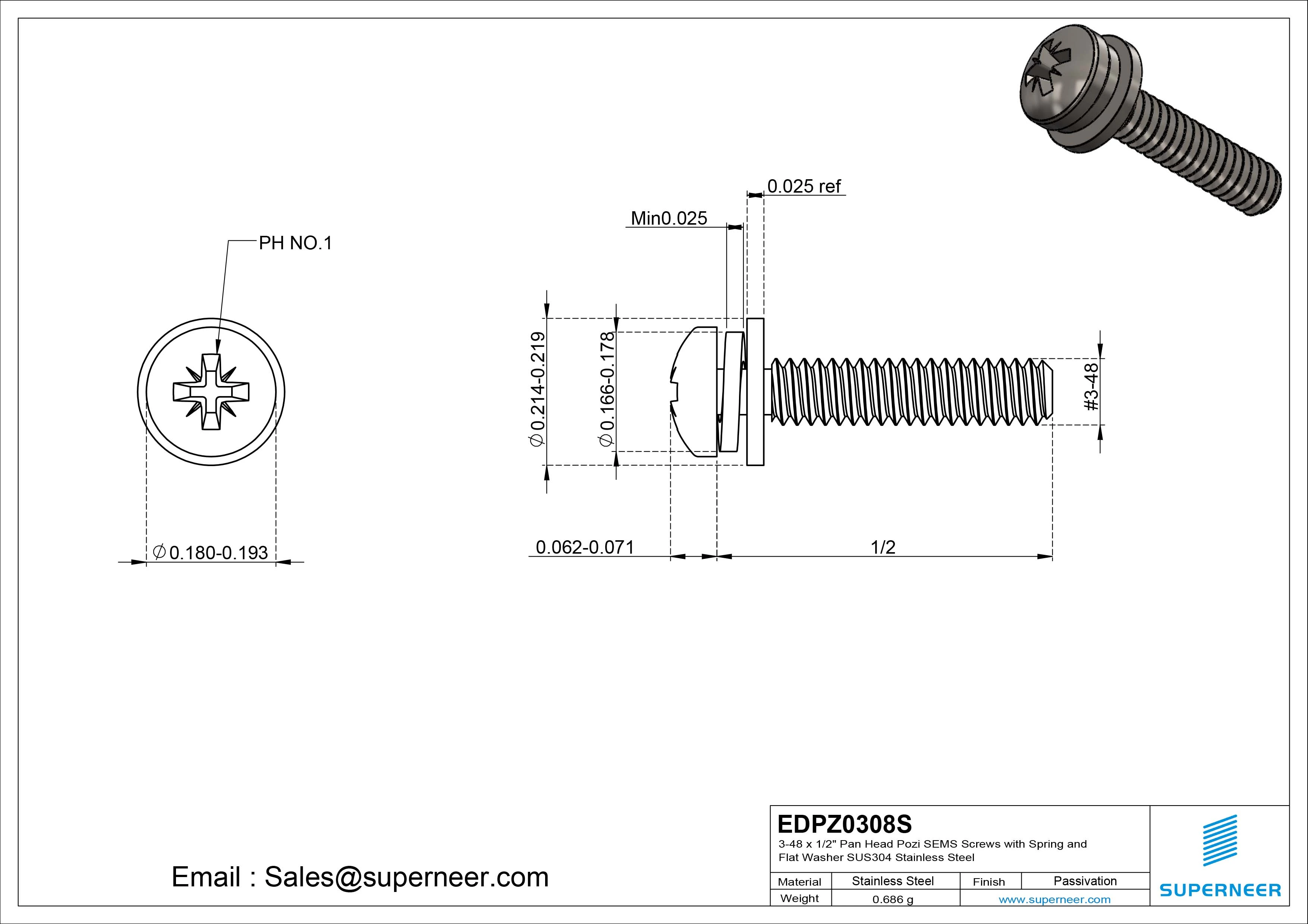 3-48 x 1/2" Pan Head Pozi SEMS Screws with Spring and Flat Washer SUS304 Stainless Steel Inox