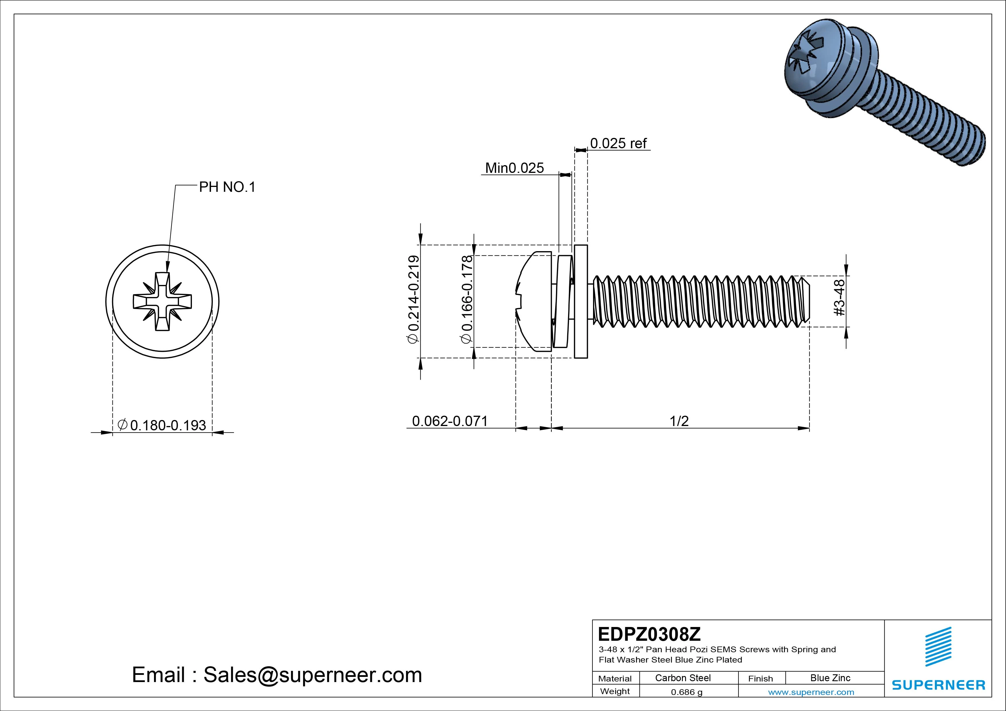 3-48 x 1/2" Pan Head Pozi SEMS Screws with Spring and Flat Washer Steel Blue Zinc Plated