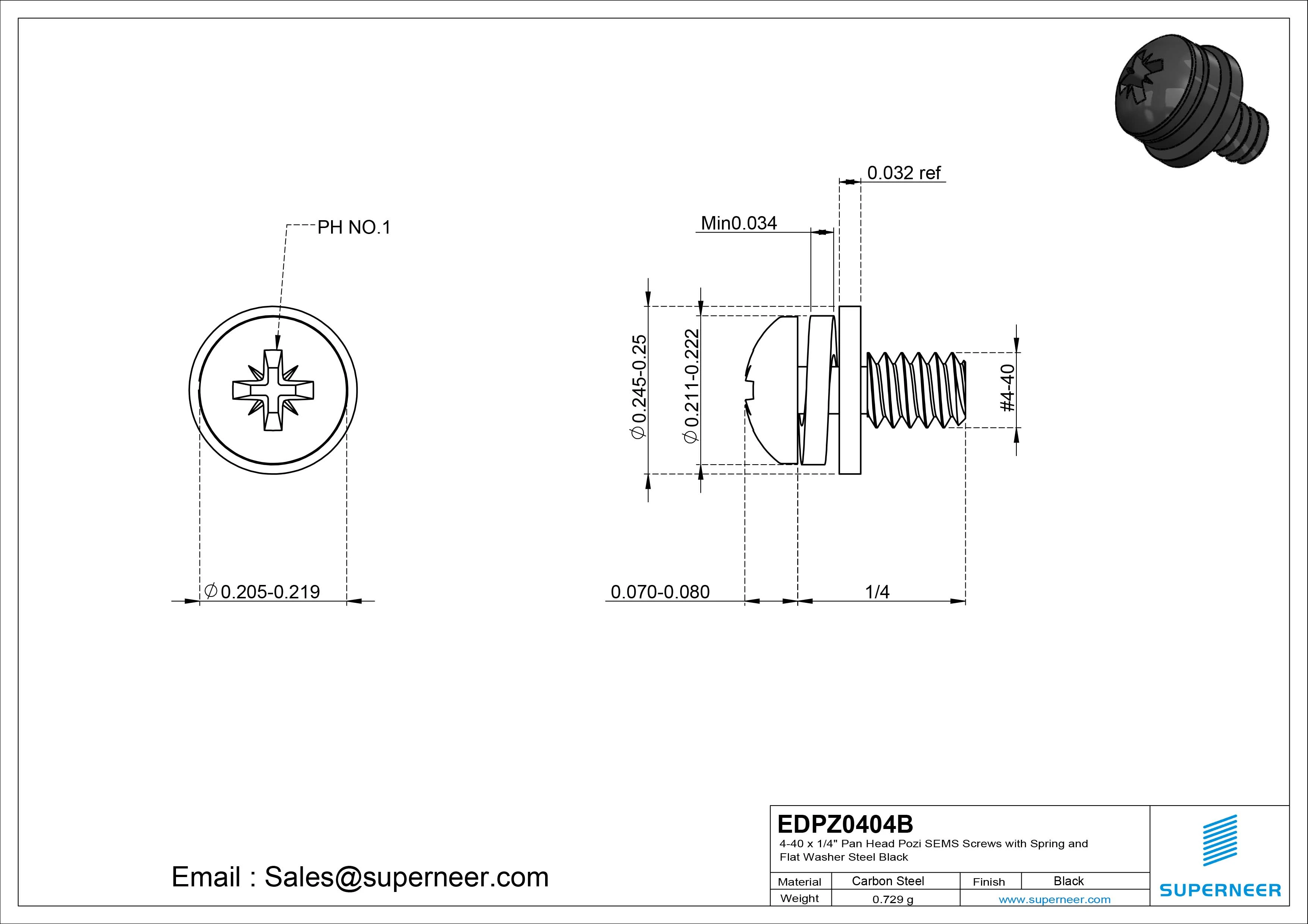4-40 x 1/4" Pan Head Pozi SEMS Screws with Spring and Flat Washer Steel Black