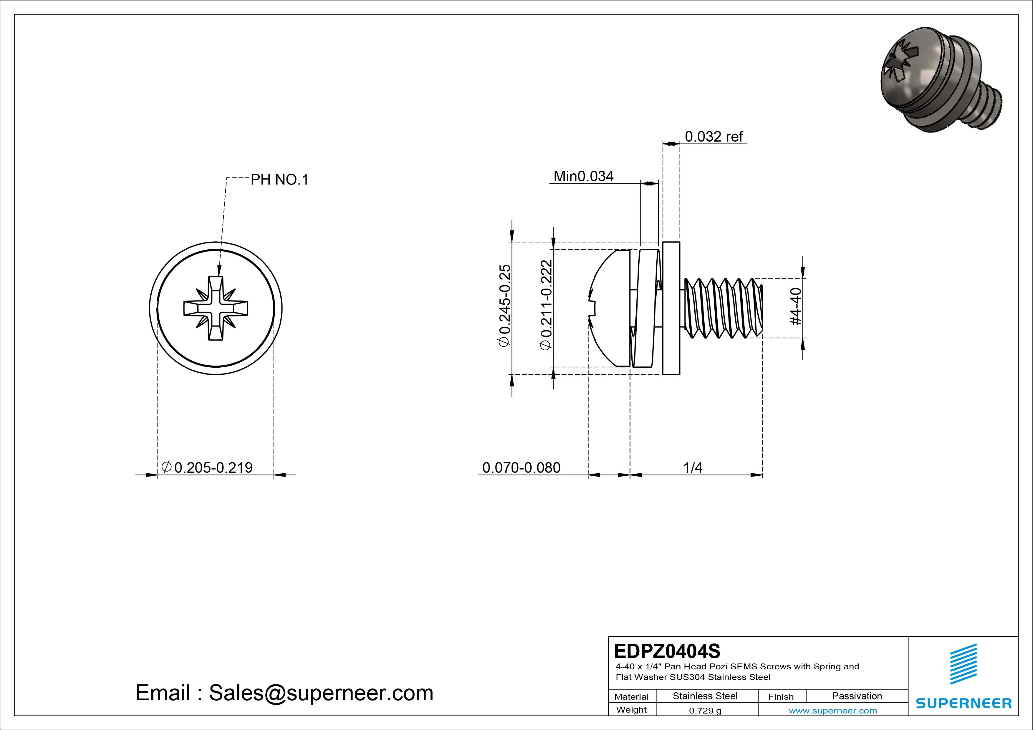 4-40 x 1/4" Pan Head Pozi SEMS Screws with Spring and Flat Washer SUS304 Stainless Steel Inox